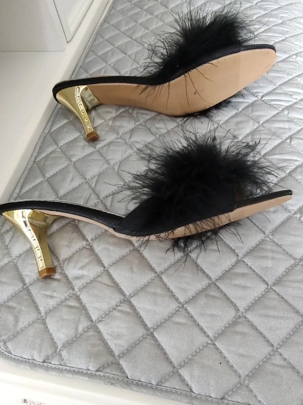 Amazon Heels Size 9 Black Feather Slide with Gold Heel.