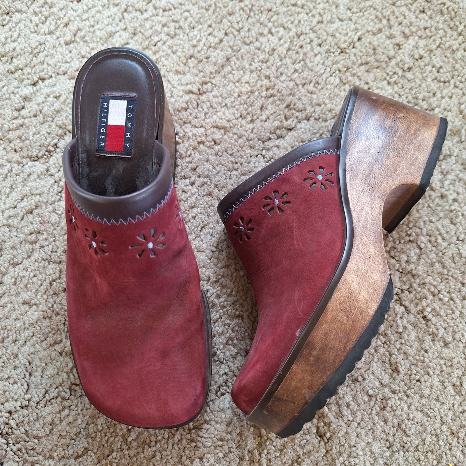 Tommy Hilfiger Vintage Y2K Wooden Suede Flower Cutout Mules Clogs READ No Size