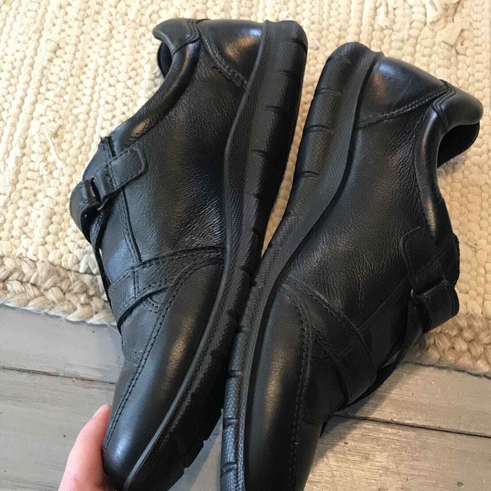 ECCO Oxford Sneaker Shoes Black Leather Hook And Loop Bicycle Toe Sz EU 39 8 8.5