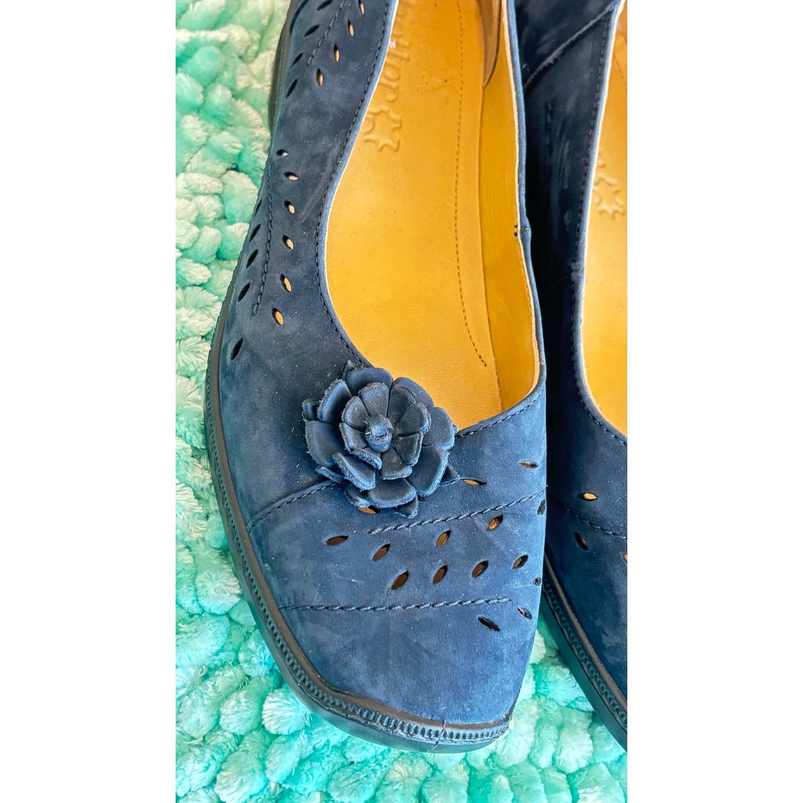 Hotter Mexico blue suede leather flower accent slipon loafers shoes sz 9.5
