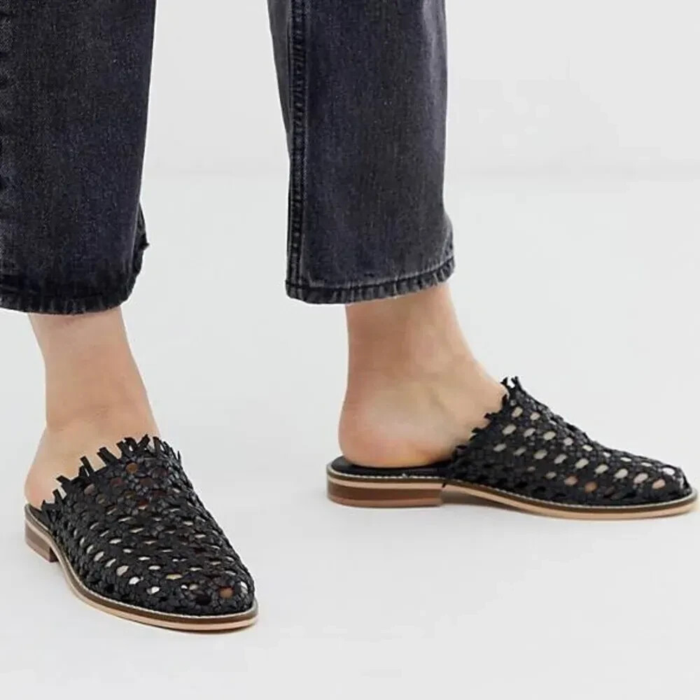 Free People Mirage Blue Woven Raffia Leather Mules Clogs Made in India 40 or 10