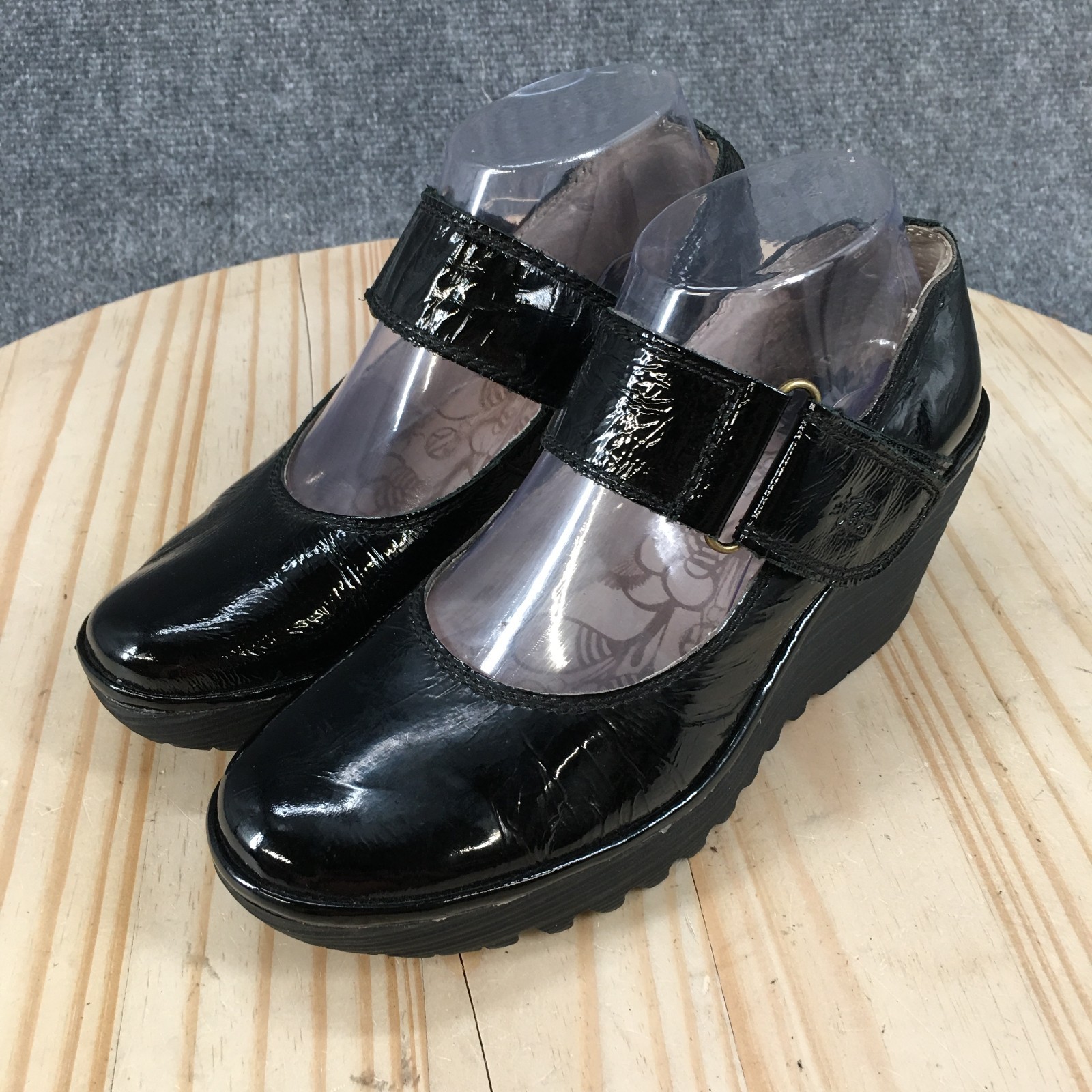 Fly London Yaya Mary Jane Wedge Shoes Womens 38 Black Patent Leather Casual