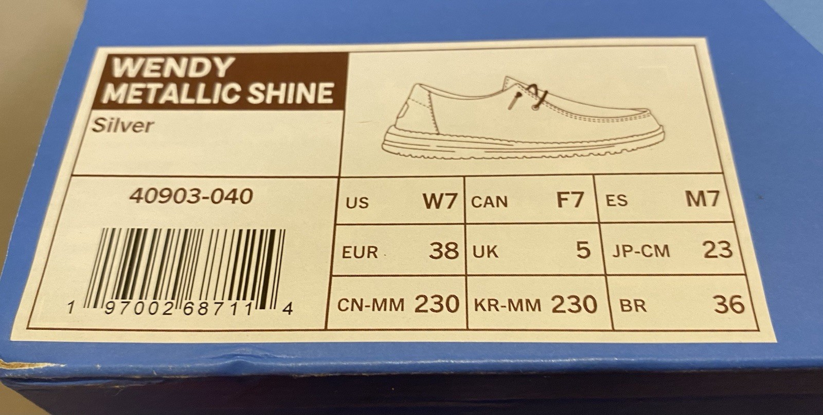 Hey Dude Wendy Metallic Shine Silver Slip-On Lightweight Comfort Women 7 M 38