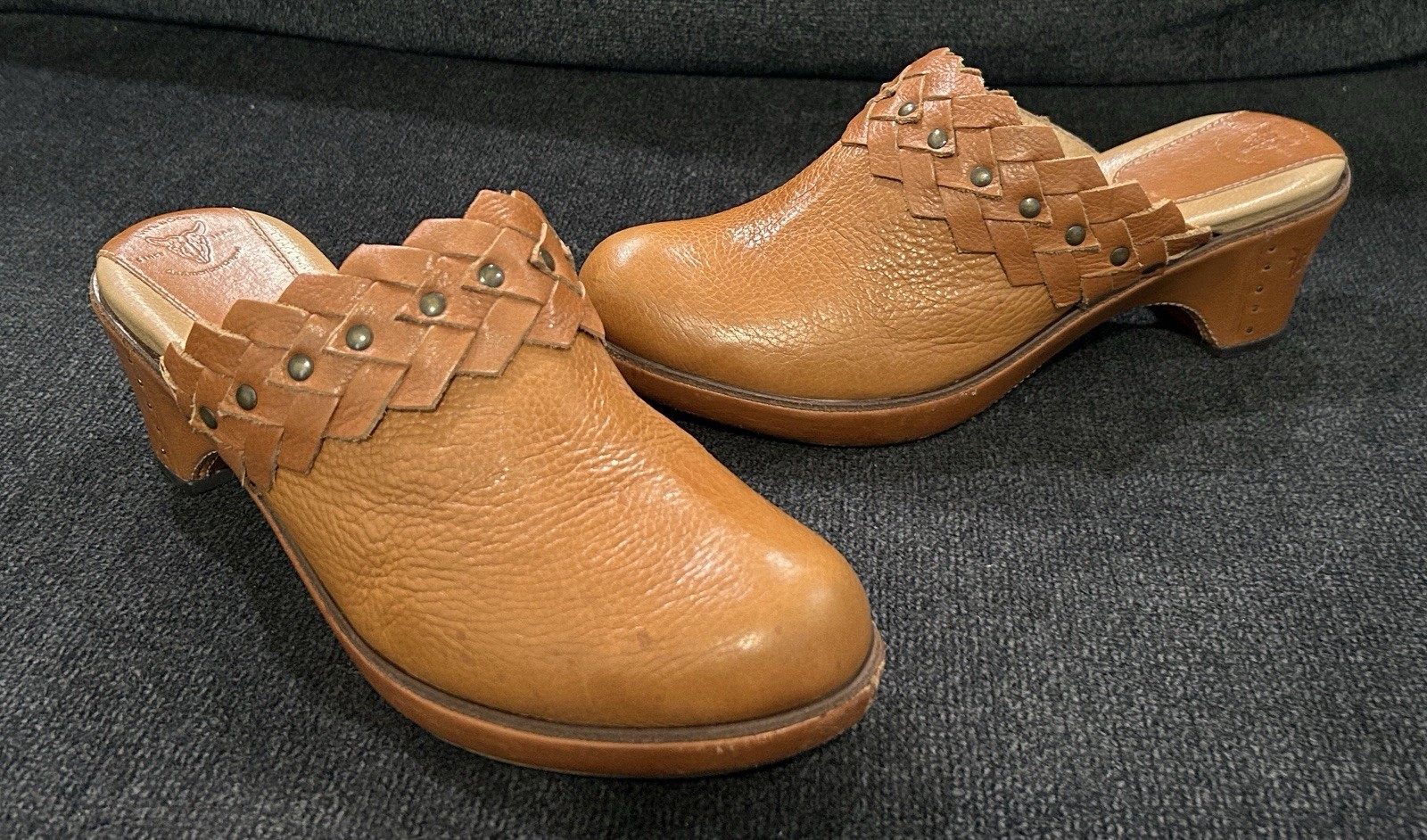 FRYE BOOTS Leather Braided Mule Clogs Studded 9.5M Western Boho Slip On Tan
