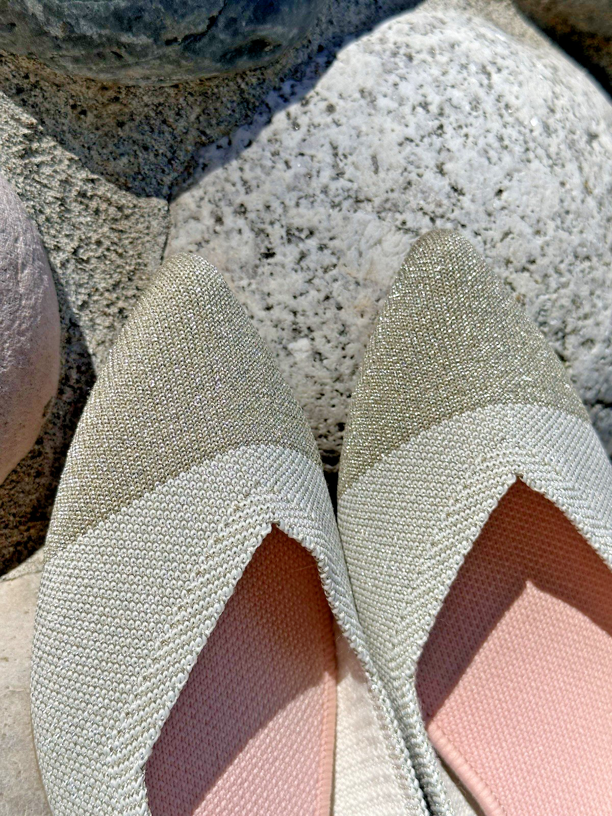 Rothy’s The Point Sz 10 Diamond Metallic Beige Silver Gold Pointed Ballet Flats
