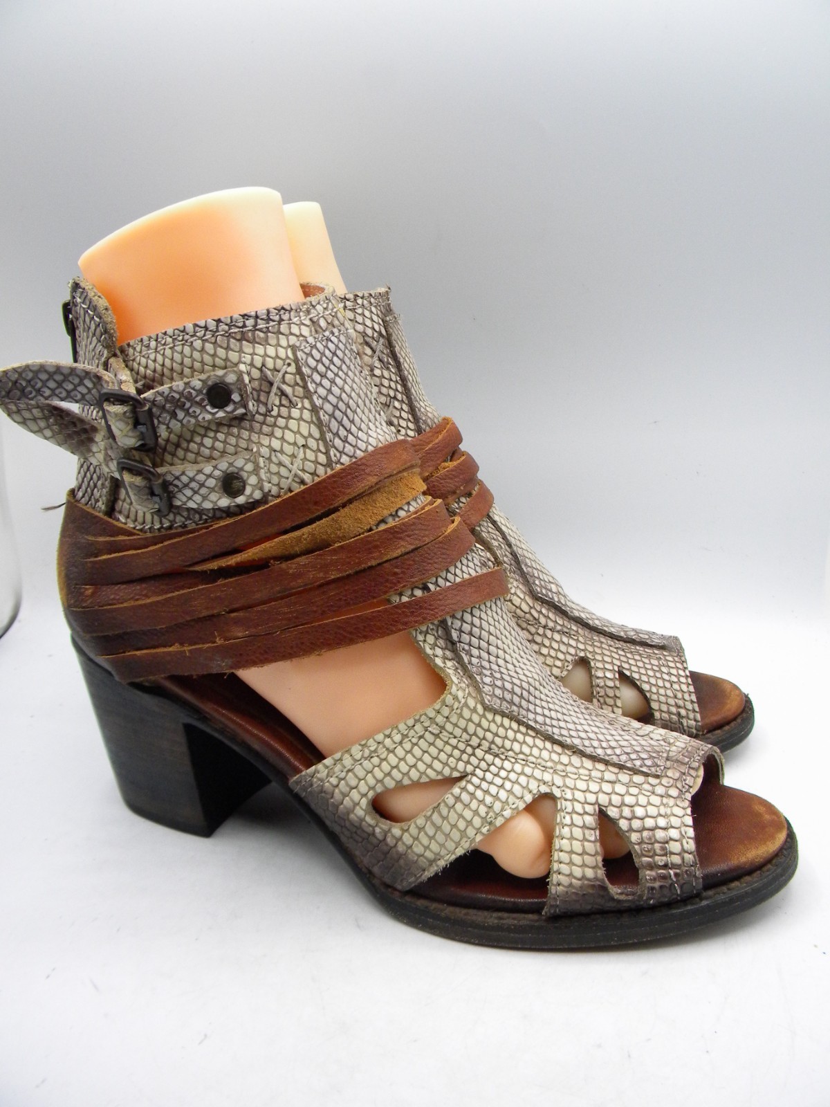 FREEBIRD by Steven Nest Snake Print & Brown Leather Block Heel Sandal Sz 9