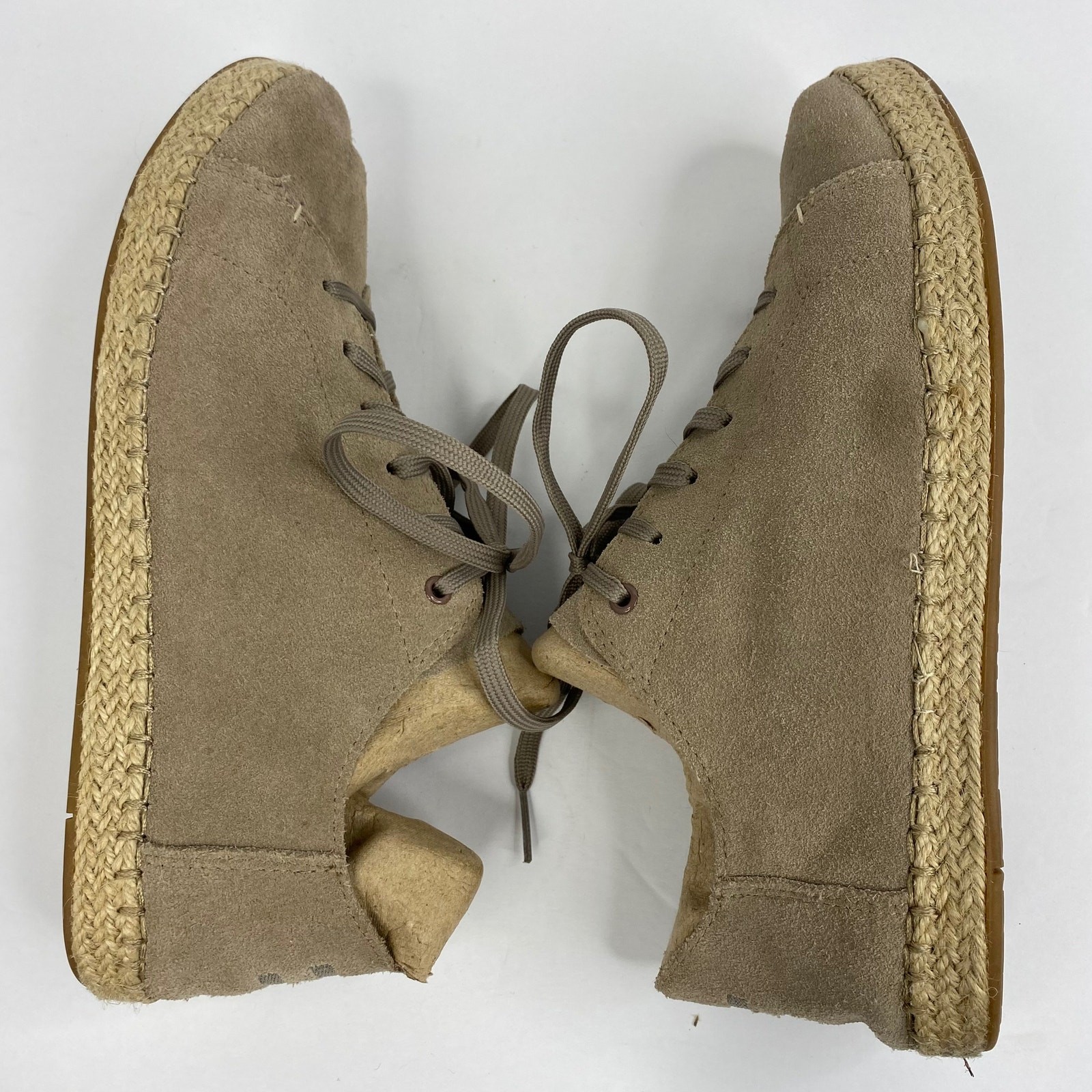 TOMS Lena Desert Taupe/Beige Suede Leather Espadrille Lace Up Womens 8.5 Shoes