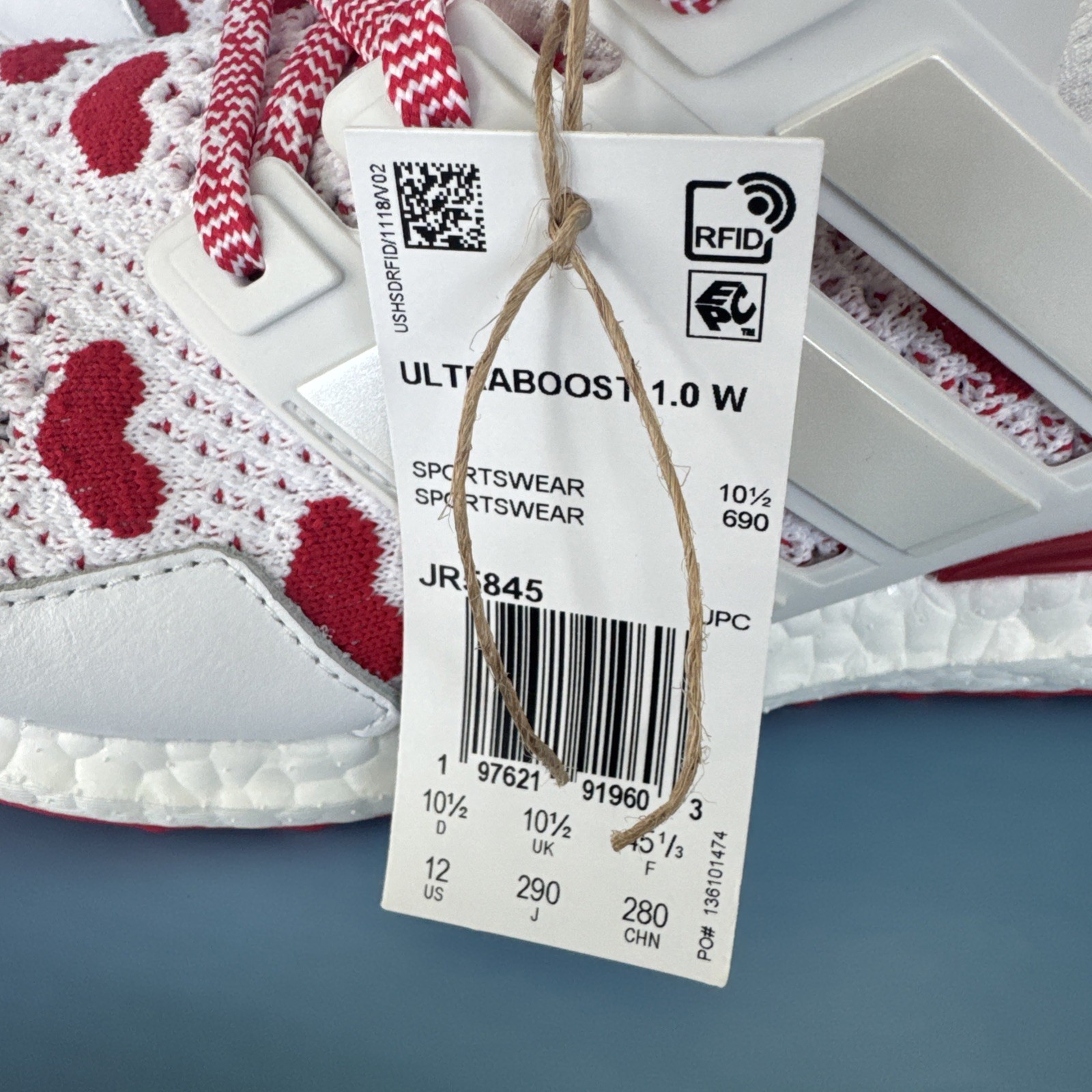 Adidas Ultraboost 1.0 Love Running White Scarlet Red JR5845 Womens size 8.5