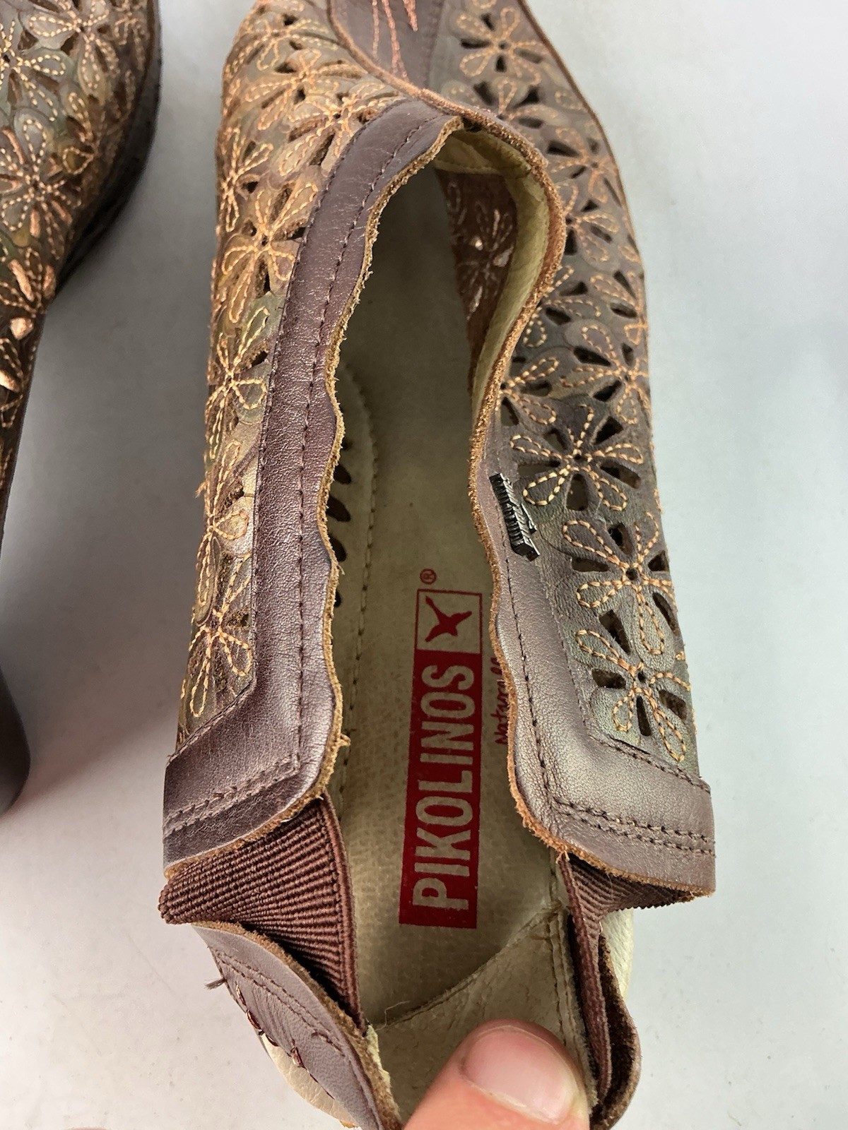 Pikolinos Romana Brown Leather Laser Cut Floral Daisy Shoes Sz 38- 7.5 US