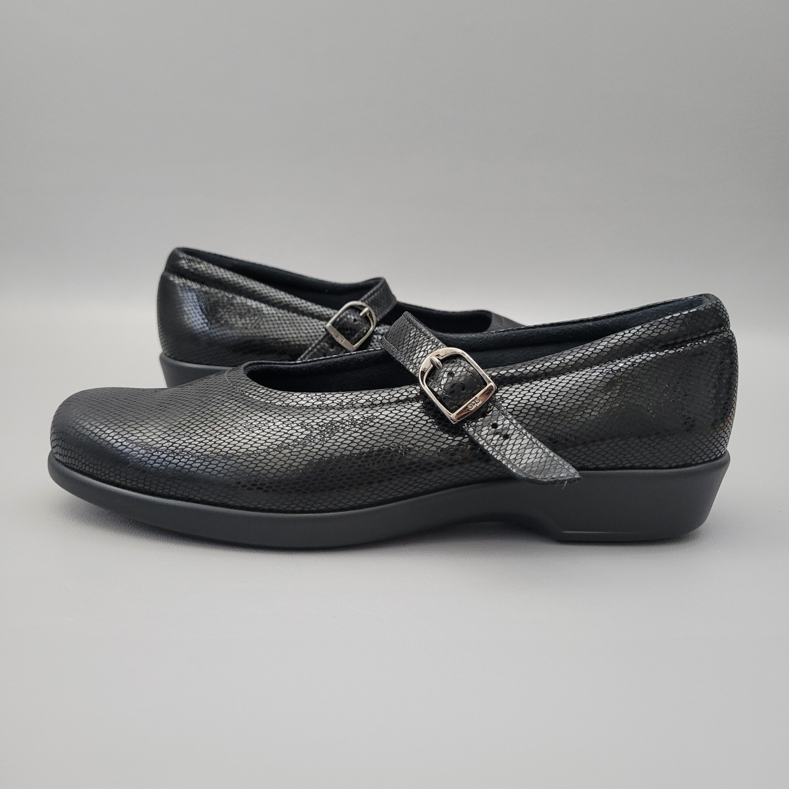 SAS Maria Black Leather Mary Jane Comfort Shoes Snake Print Womens Size 9 N