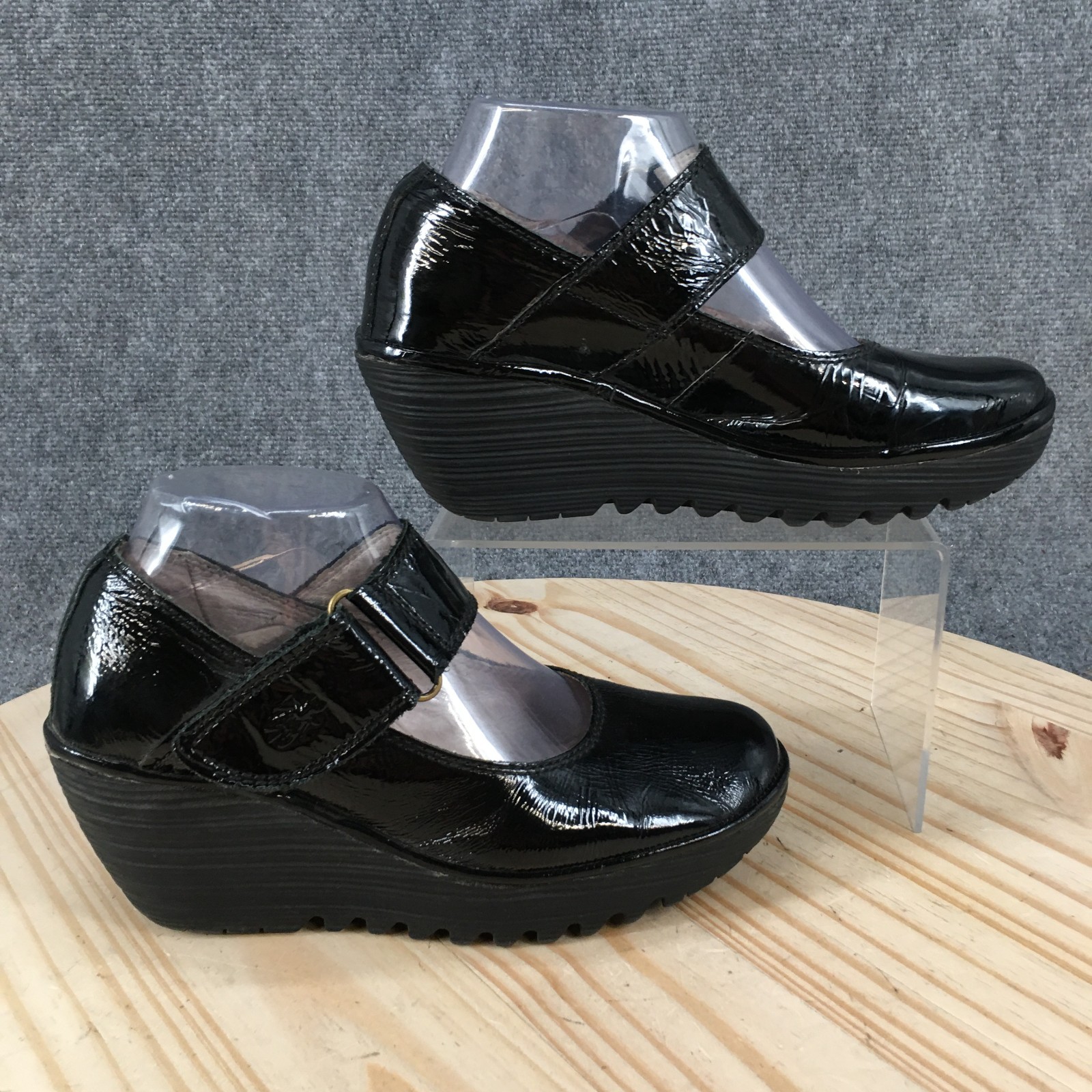 Fly London Yaya Mary Jane Wedge Shoes Womens 38 Black Patent Leather Casual