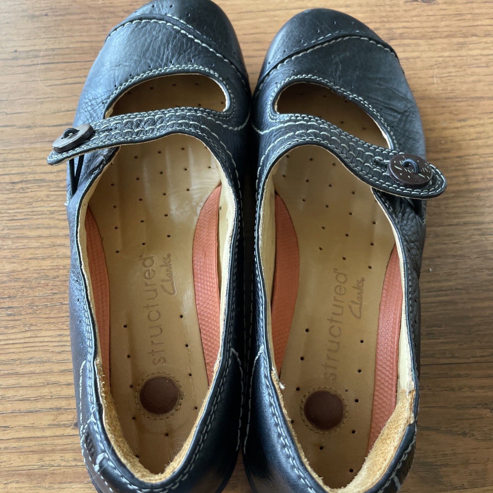 Unstructured Clarks 7 M Womens Black Leather Mary Jane Comfort Flats Shoes