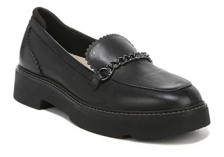 Dr Scholls Venus Black Leather Womens Loafer Size 9.5 With Chain Detail