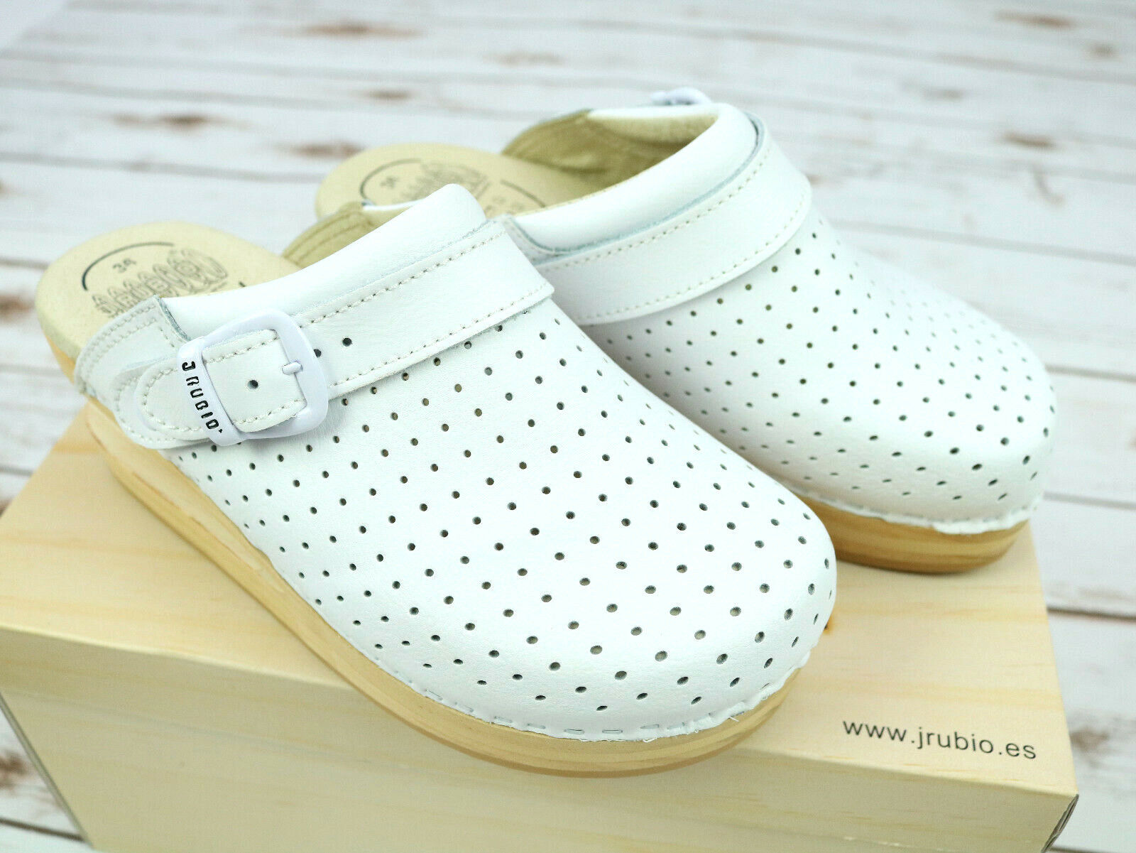 J Rubio White Clog Spotted Leather Wood Platform Spring Z-Coil Luver