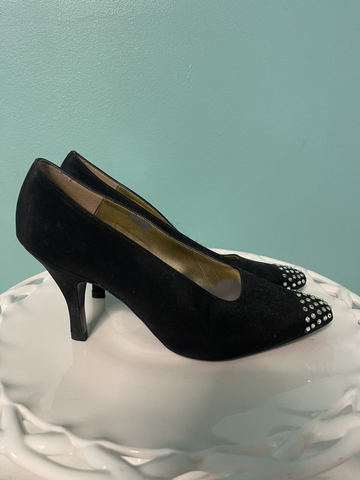 Women’s Jennifer Moore Dress Heels 8M N Black w White Rhinestone Trim