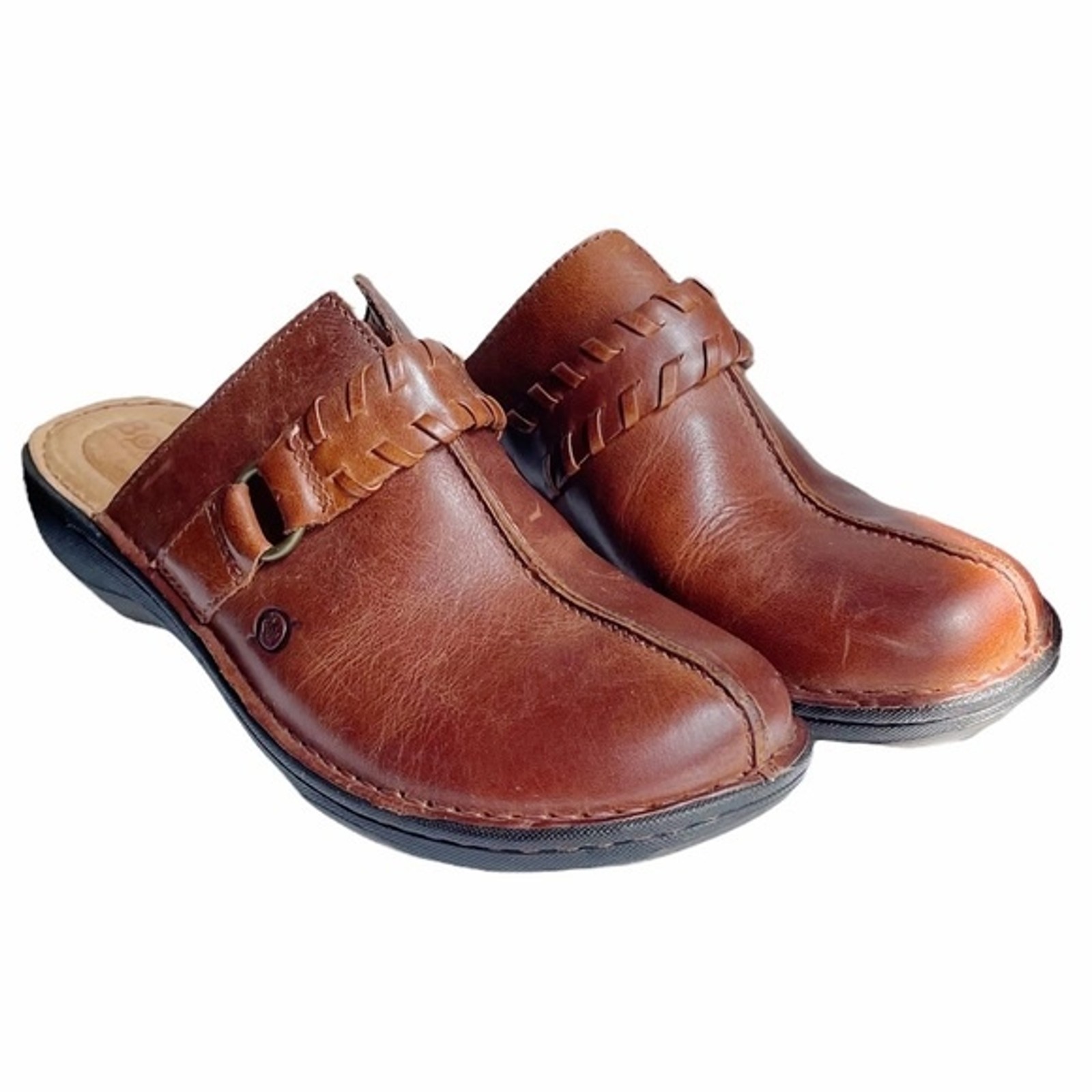 Born Mules Brown Leather Saddle Stich Braided Decorative Strap Women’s Size 7