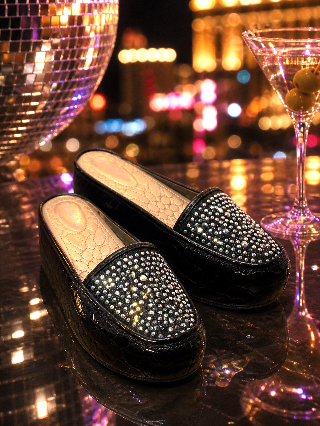 John Fashion Black Rhinestone Mule Slides Flatform Sparkle AB Crystal Sz 10