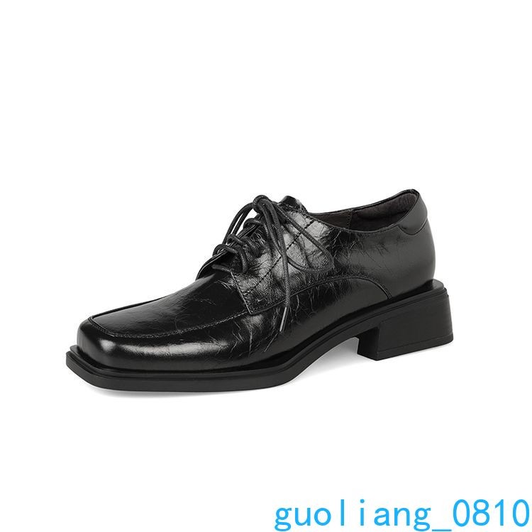 Women’s Leather Casual Shoes Lace Up Square Toe Block Heel Formal Fashion Retro