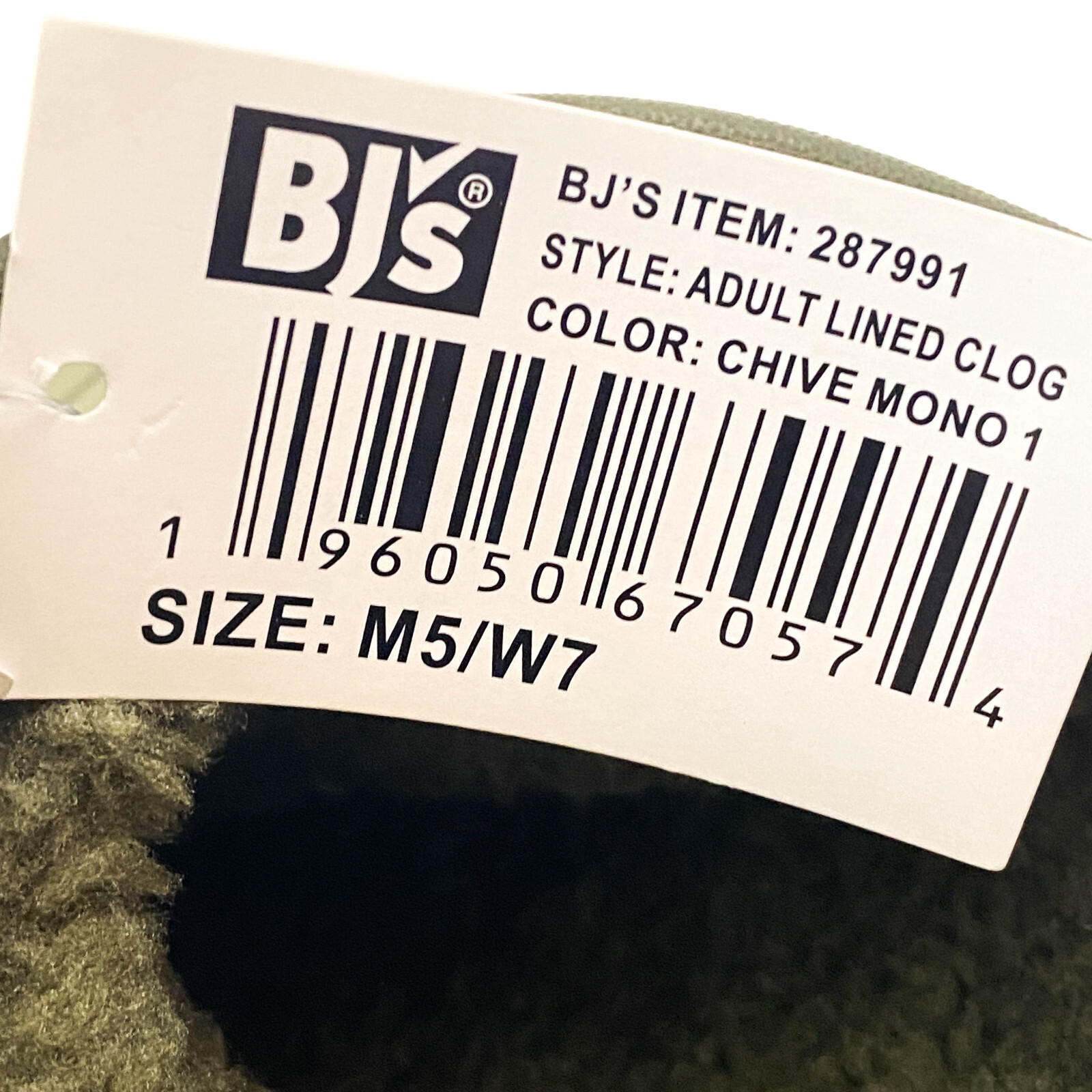Berkley Jensen Adult Unisex Size M5/W7 Faux Fur Lined Clogs Chive Mono