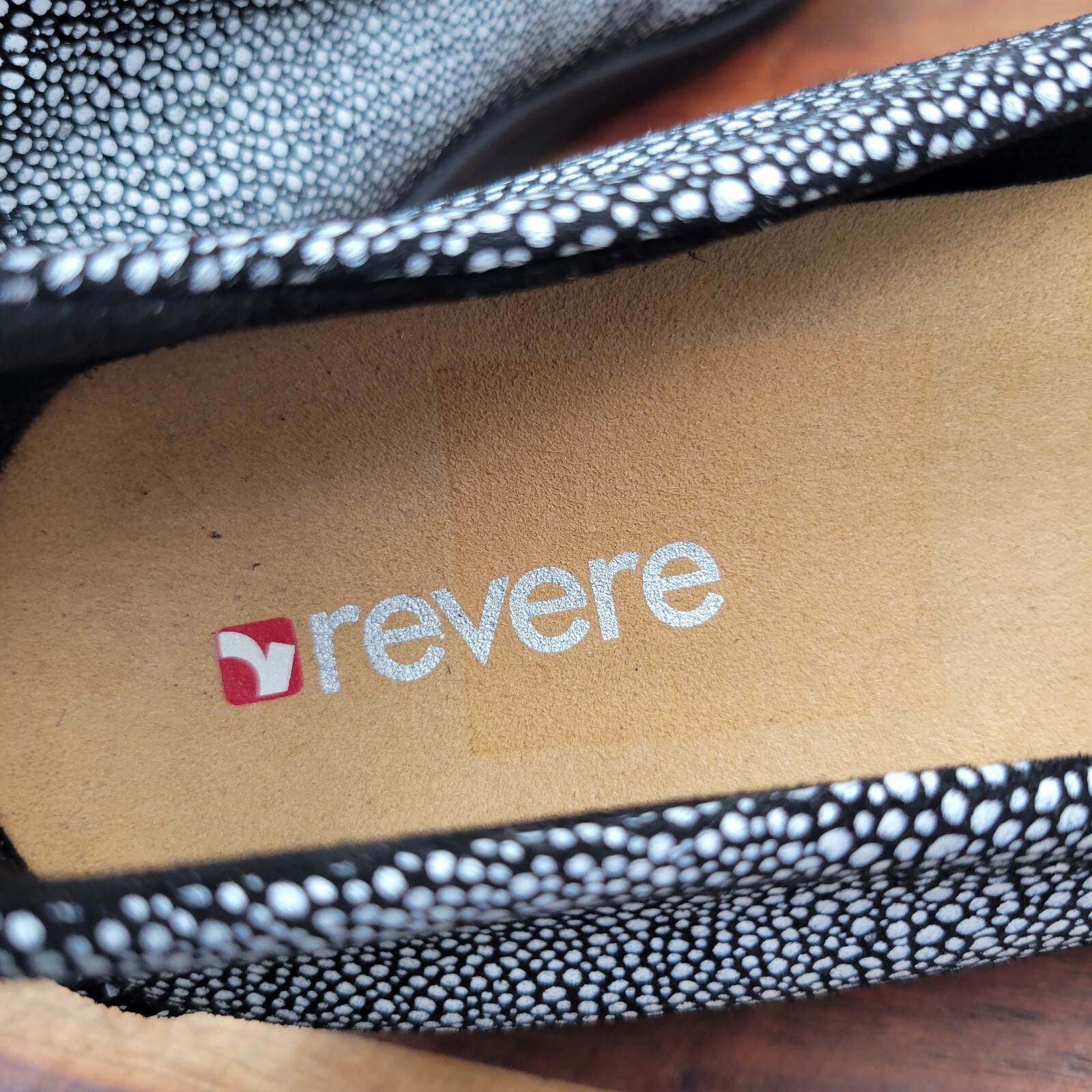 Revere Marrakesh Loafer Shoes Women’s 8W Wide Black White Leather Spotted Wedge