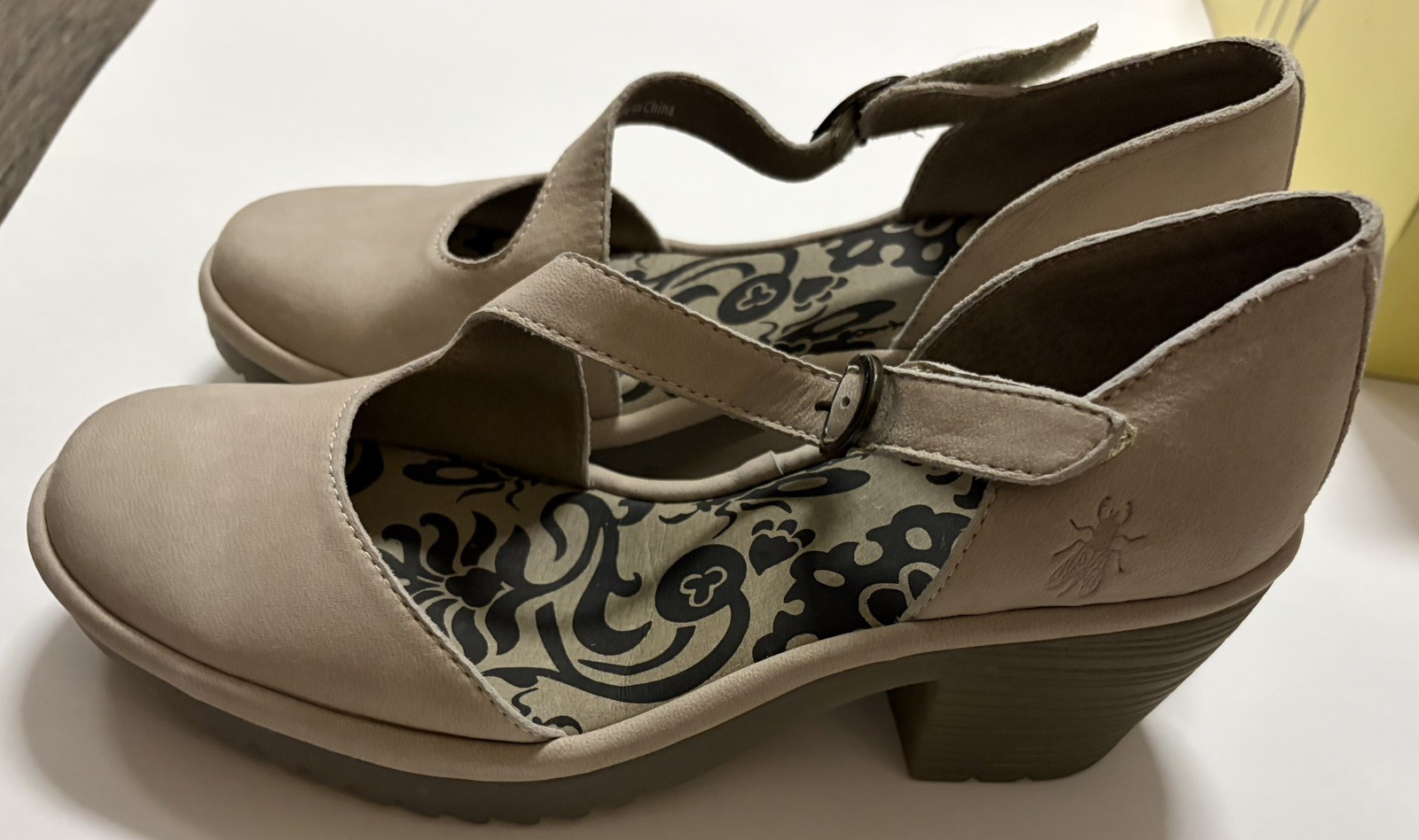 Fly London Leather Asymmetrical Strap Heel Nude, Leather Buckle Closure Size 6