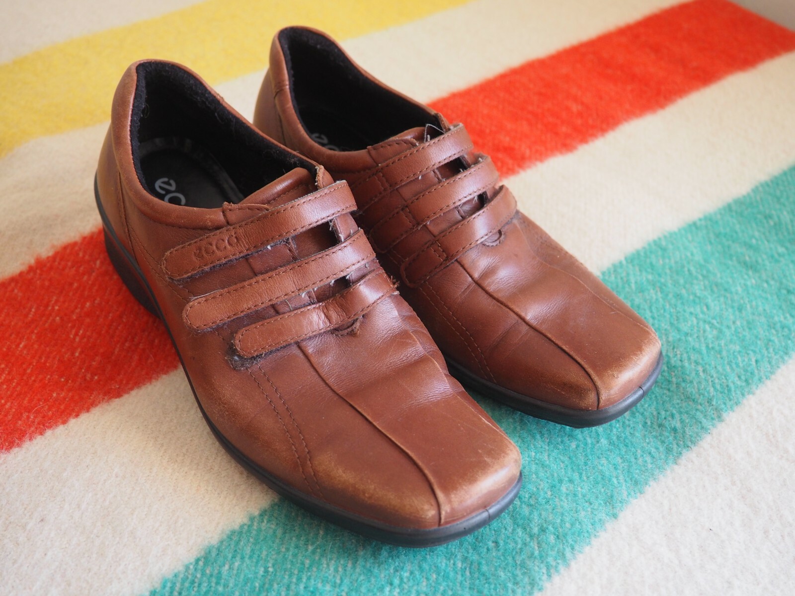 ECCO LIGHT Brown Hook and Loop Straps Vegetable Tanned Comfort Shoes Women’s 38
