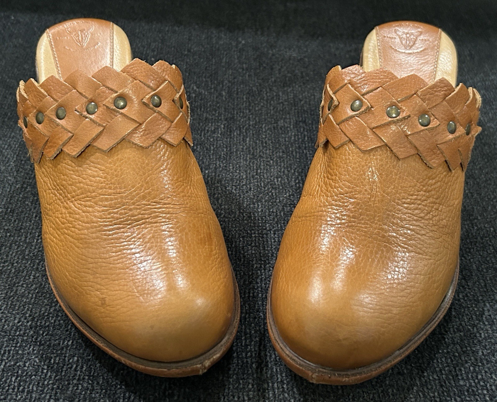 FRYE BOOTS Leather Braided Mule Clogs Studded 9.5M Western Boho Slip On Tan