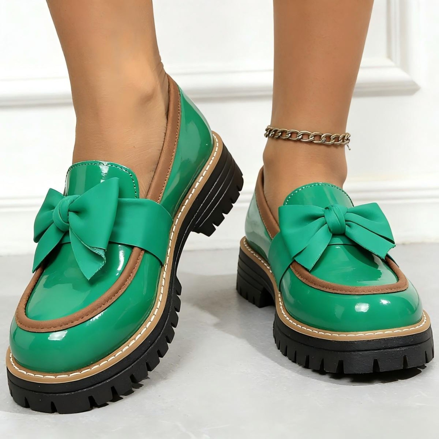Women Patent Leather Loafers, Round Toe Bow Chunky Heel Platform Shoes