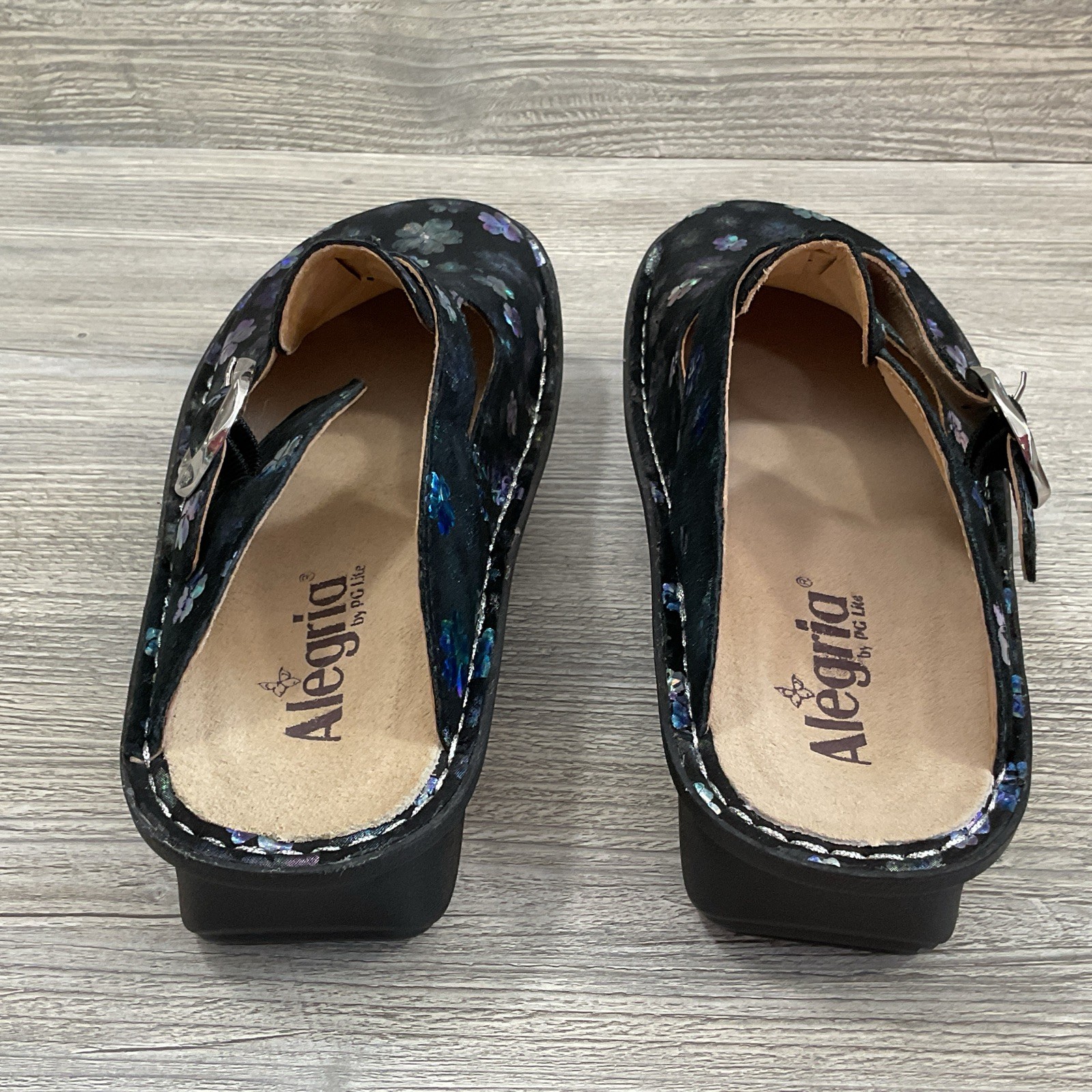 Alegria ALG-555 Mary Jane Clogs Womens US 7-7.5 EU 37 Black Floral Leather NEW