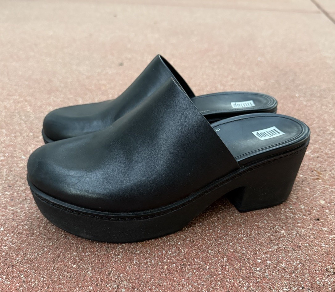 FitFlop Pilar Black Leather Clogs US 8.5 Platform Mules Women’s 40