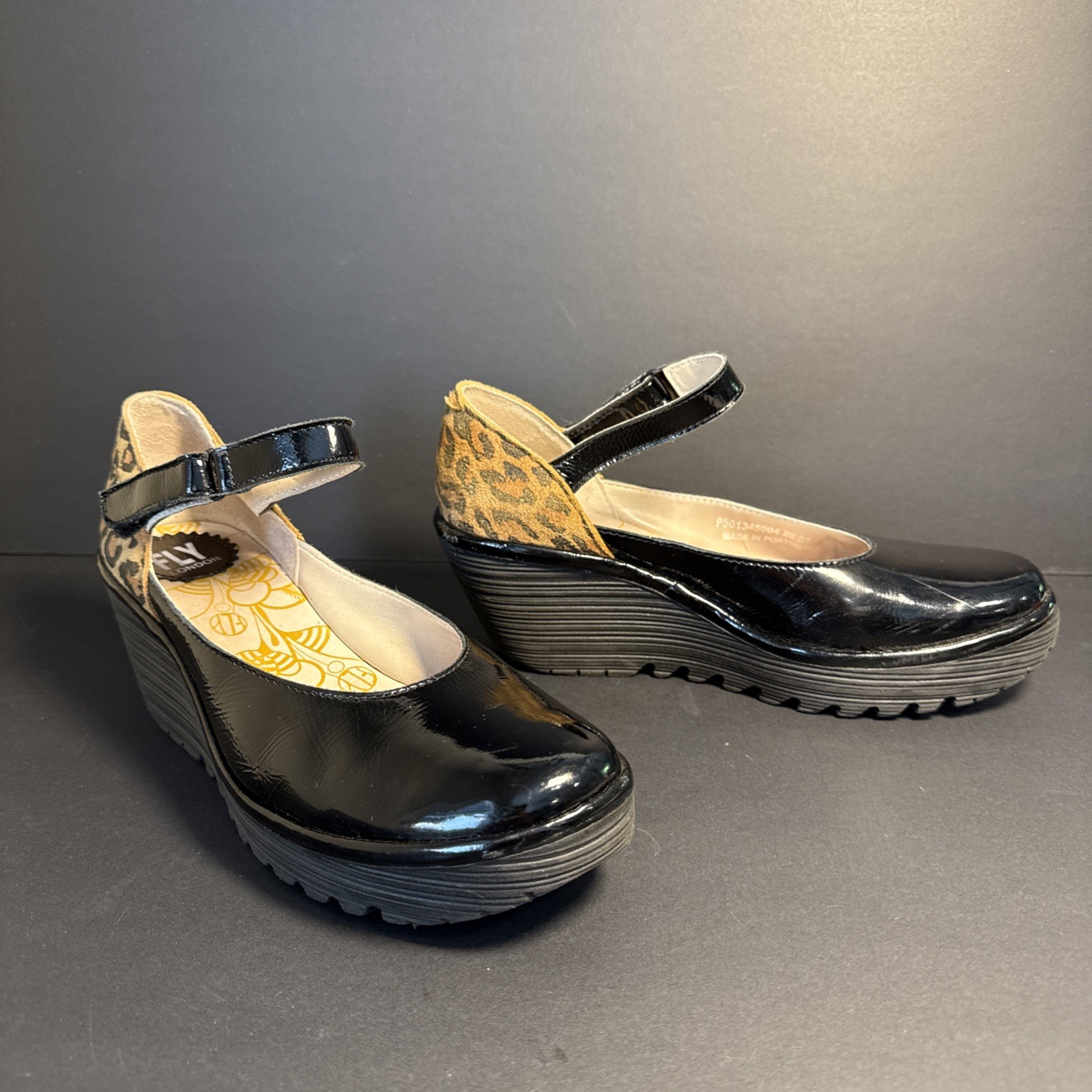Fly London Leather Women’s Wedge Black Patent Leopard Suede Heel Size 38 US 8