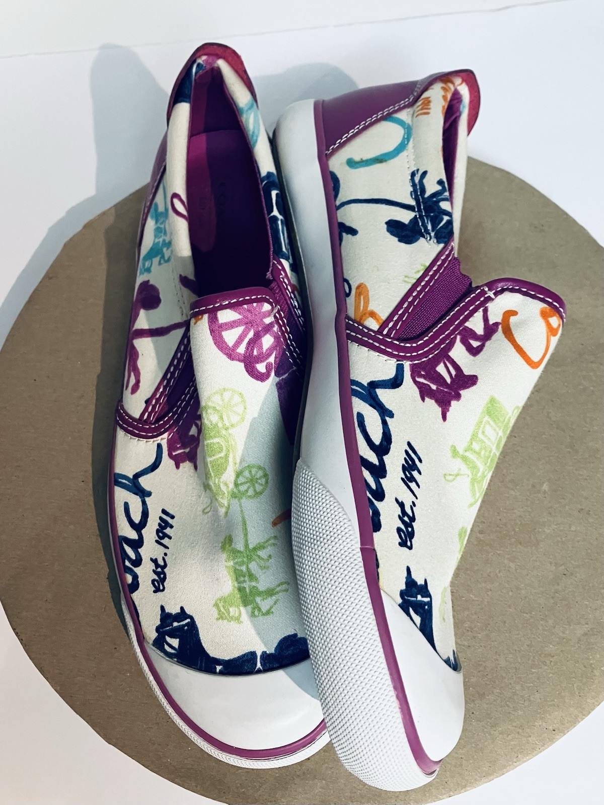 Coach Beale Slip On Sneakers White Multi-color Scribble Logo Signature Women 8.5