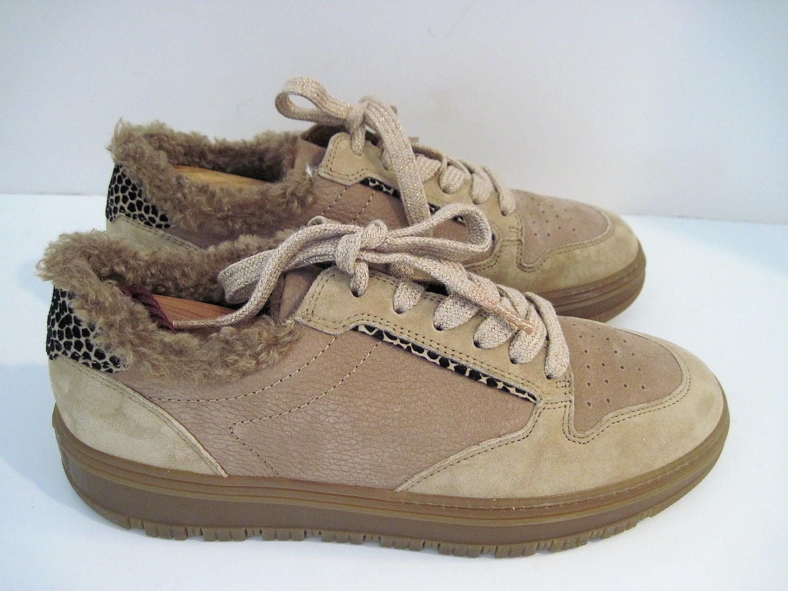 Paul Green Super Soft Beige Brown Nubuck Sneakers Faux Fur Lace Up Size UK 5 1/2