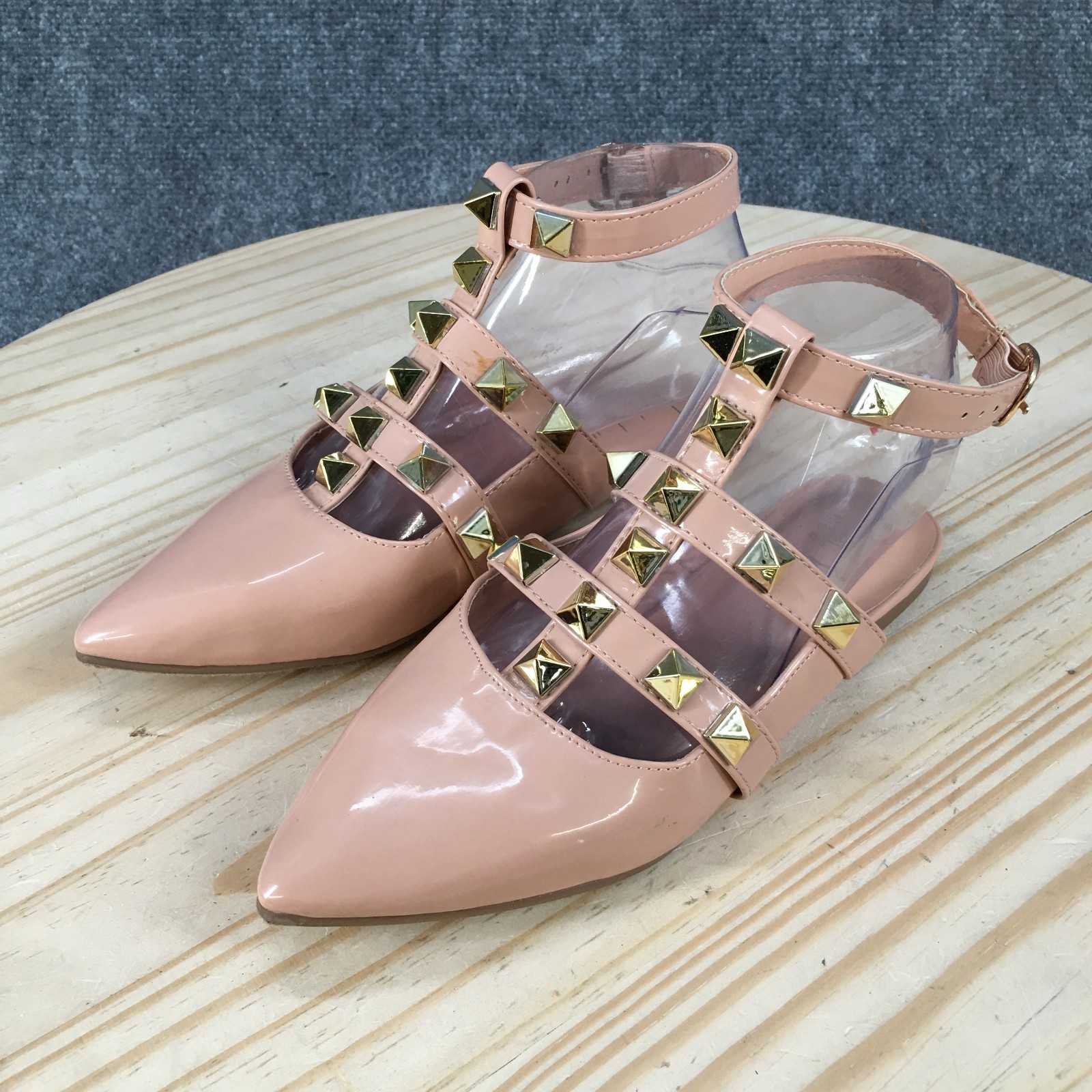 Nicole Miller Shoes Womens 6.5 Ankle Strap Studded Pointed Toe Casual Flats Pink