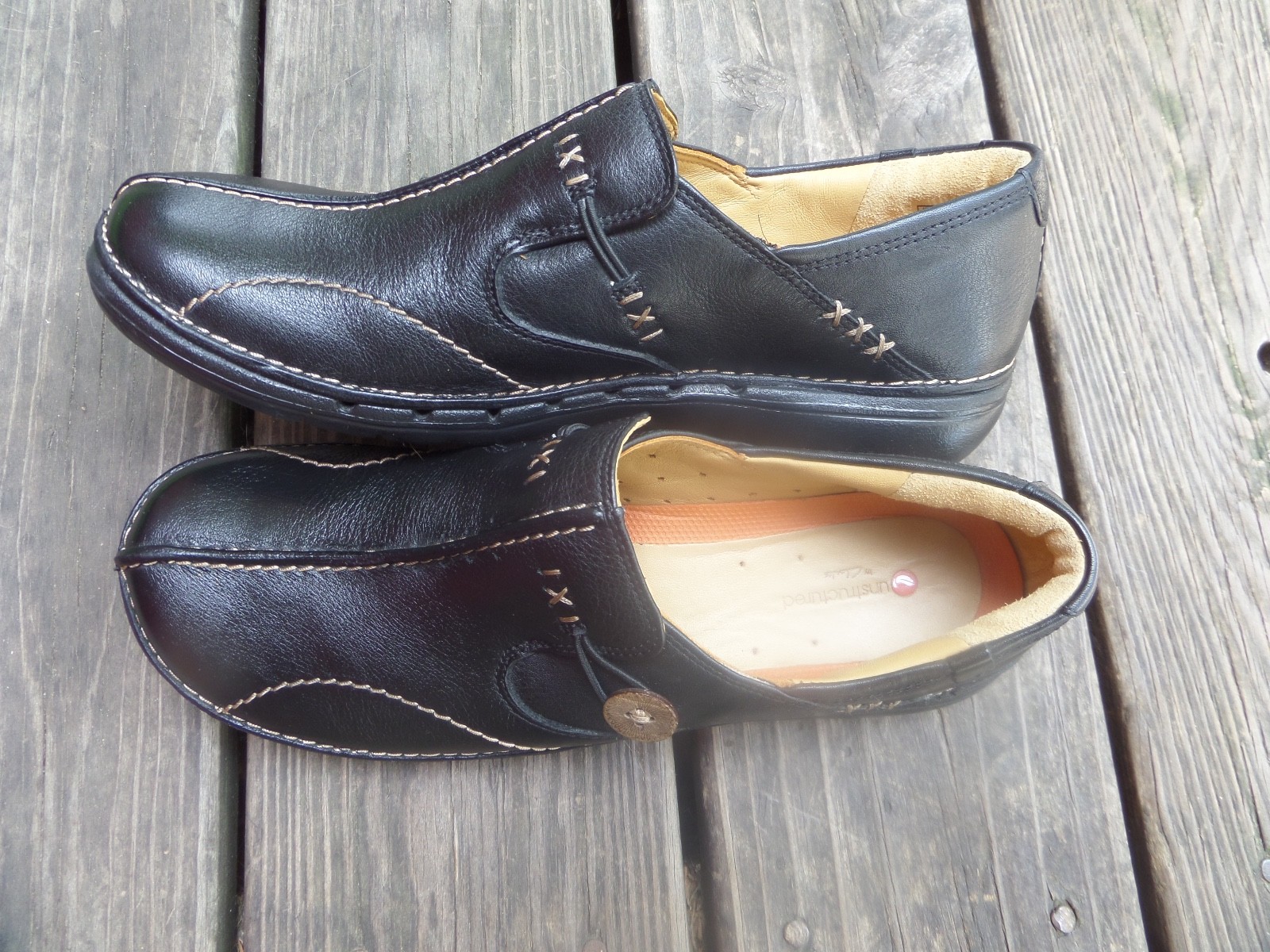 Unstructured Clarks Un Loop Loafer Shoes Womens 8.5 Narrow Button Leather Black
