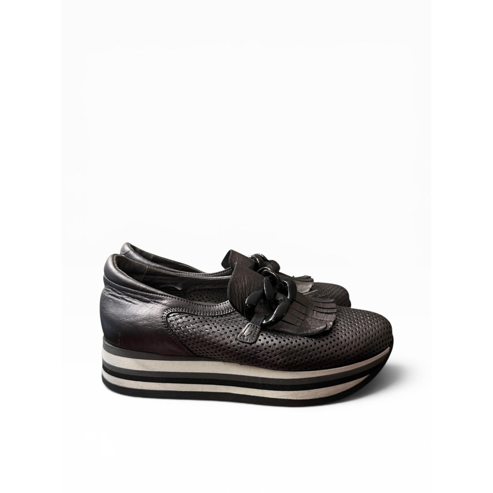 Softwaves Platform Loafers Fringe Chain Perforated Leather Comfort Shoes EU39