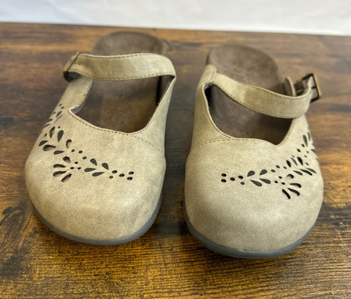 Vionic Rest Midway Mary Jane Mules Taupe Laser Cut Floral Orthotic Shoes Size 8