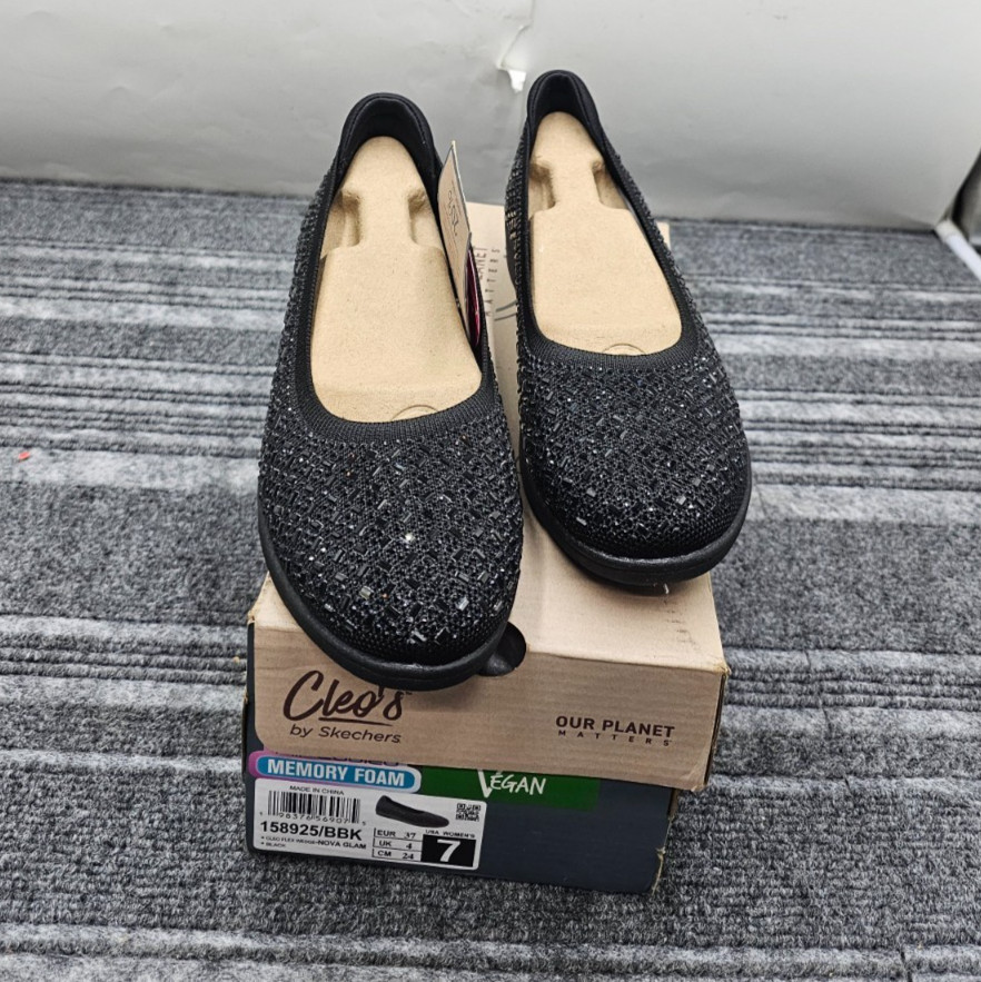 SKECHERS Cleo Flex Wedge Nova Glam Women’s Black 158925 Size 7 EUR 37