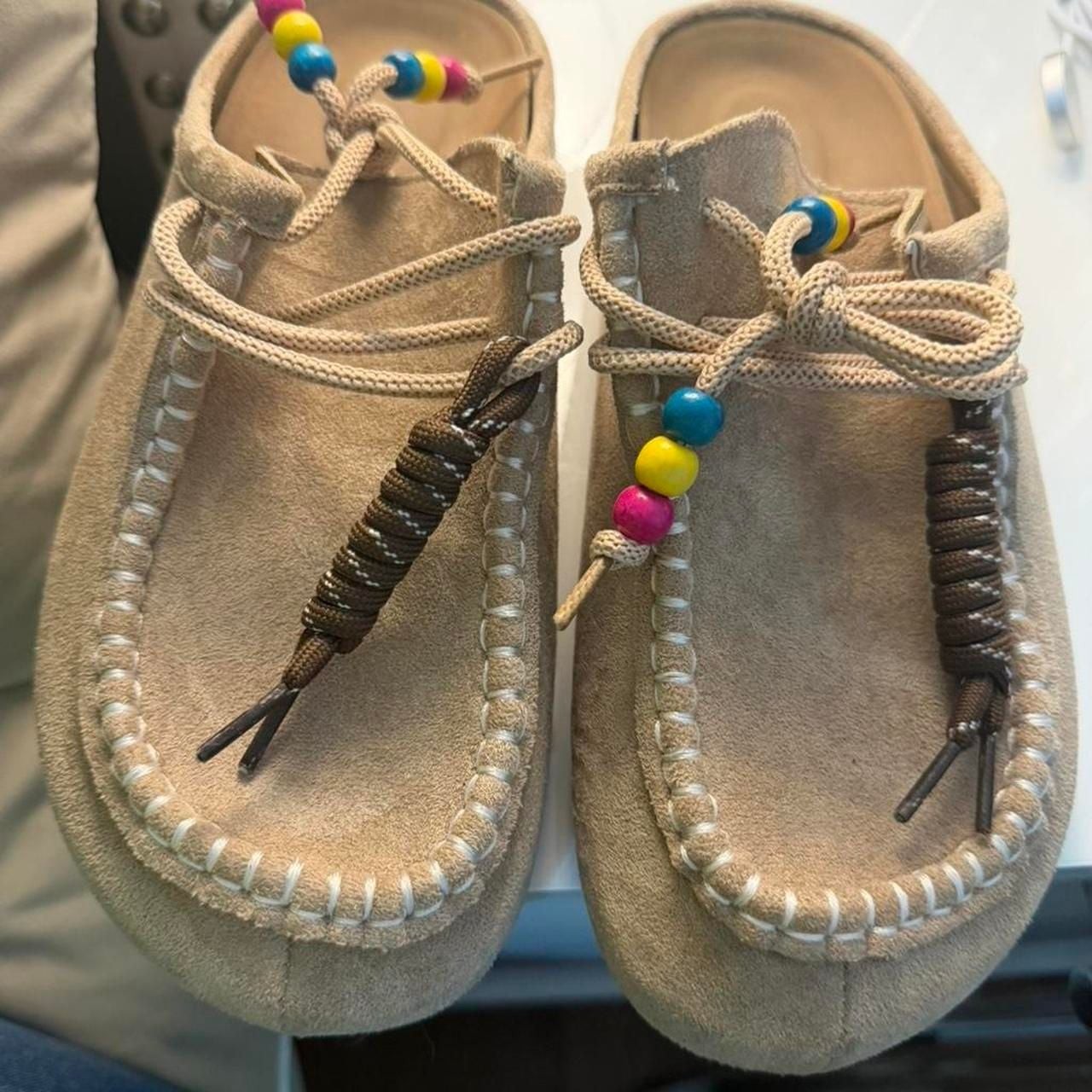Tan Suede Moccasin Mule Clogs with Colorful Beaded Laces