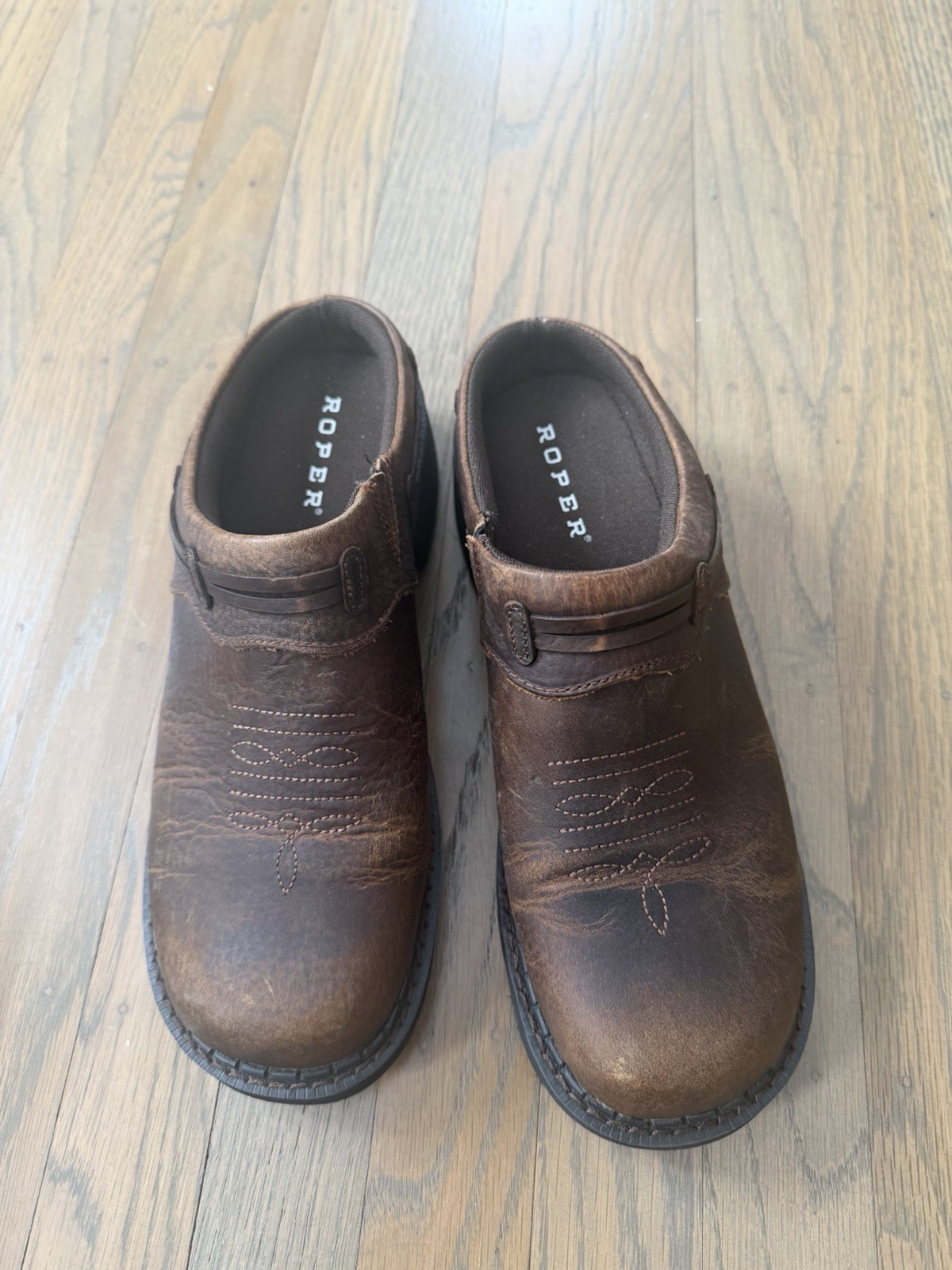 Roper Womens Size 8.5 Brown Leather Slip On Casual Western Cowboy Mule Shoes