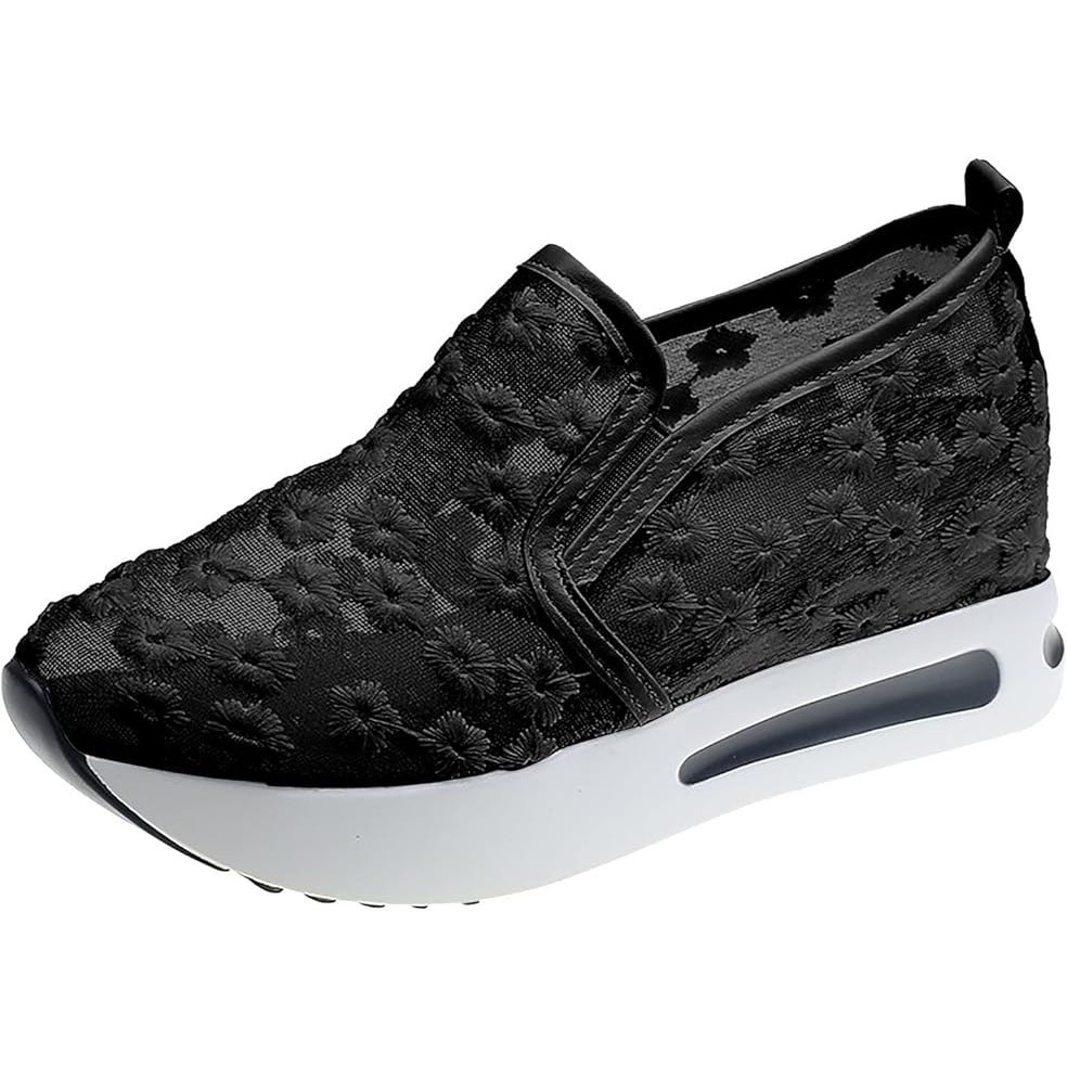 Fashion Sneakers Embroidery Floral Mesh Air Lace Slip On Black Size 8US /39CN