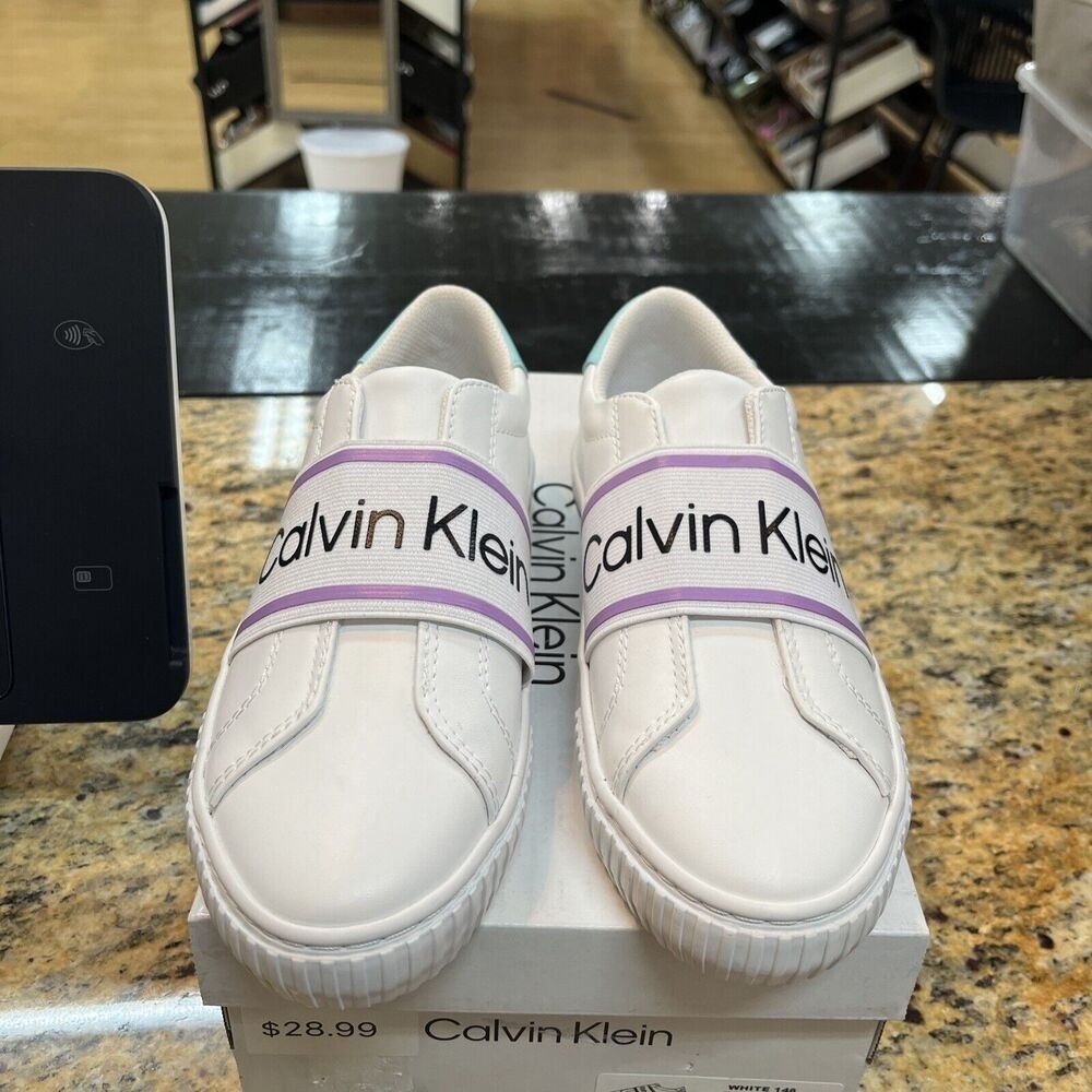 Calvin Klein Womens Clairen White Purple Casual and Fashion Sneakers Size 6.5M