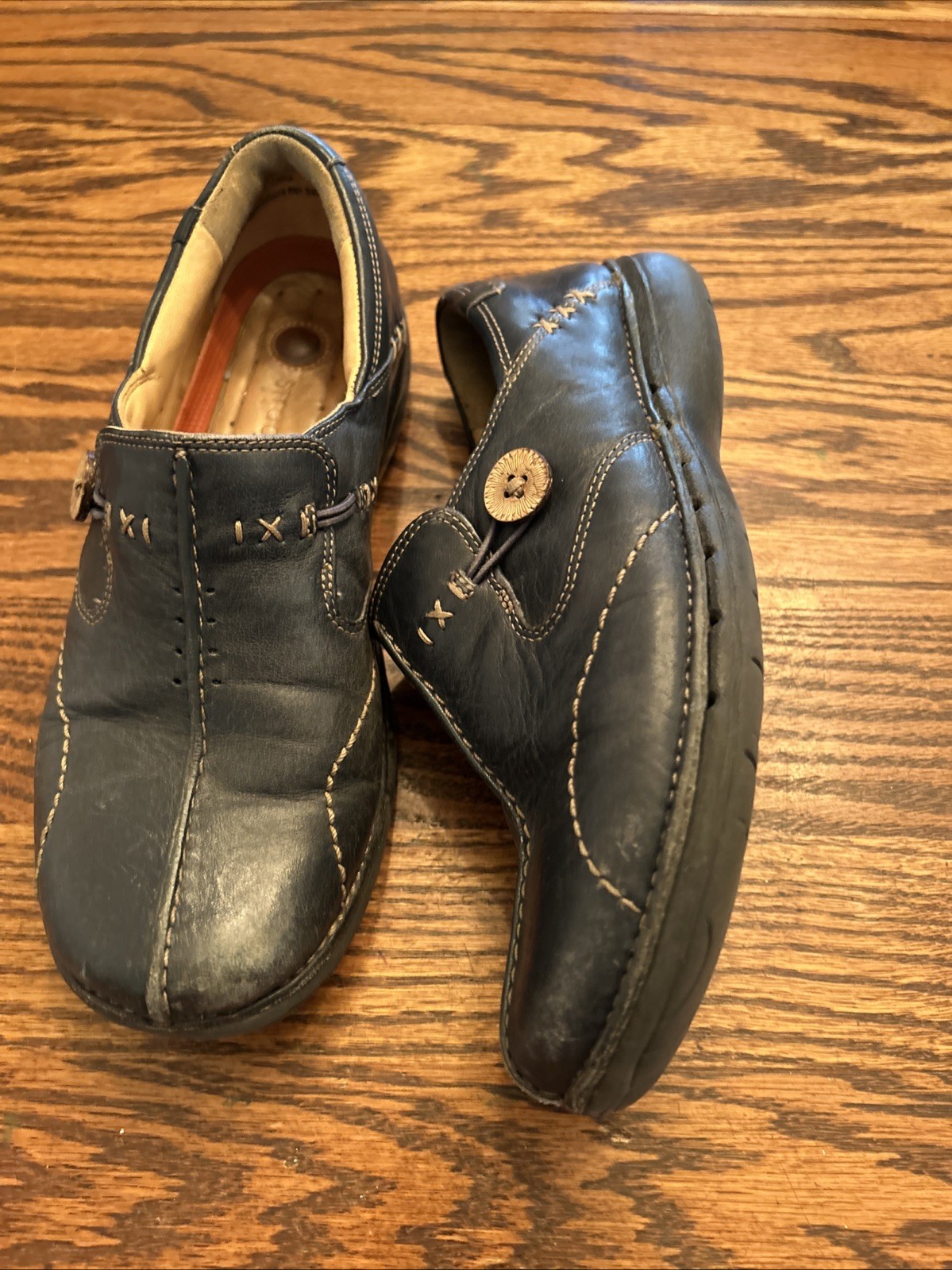 CLARKS Unstructured Women’s 8M Navy Un.Buckle Leather Slip On Loafer Shoe