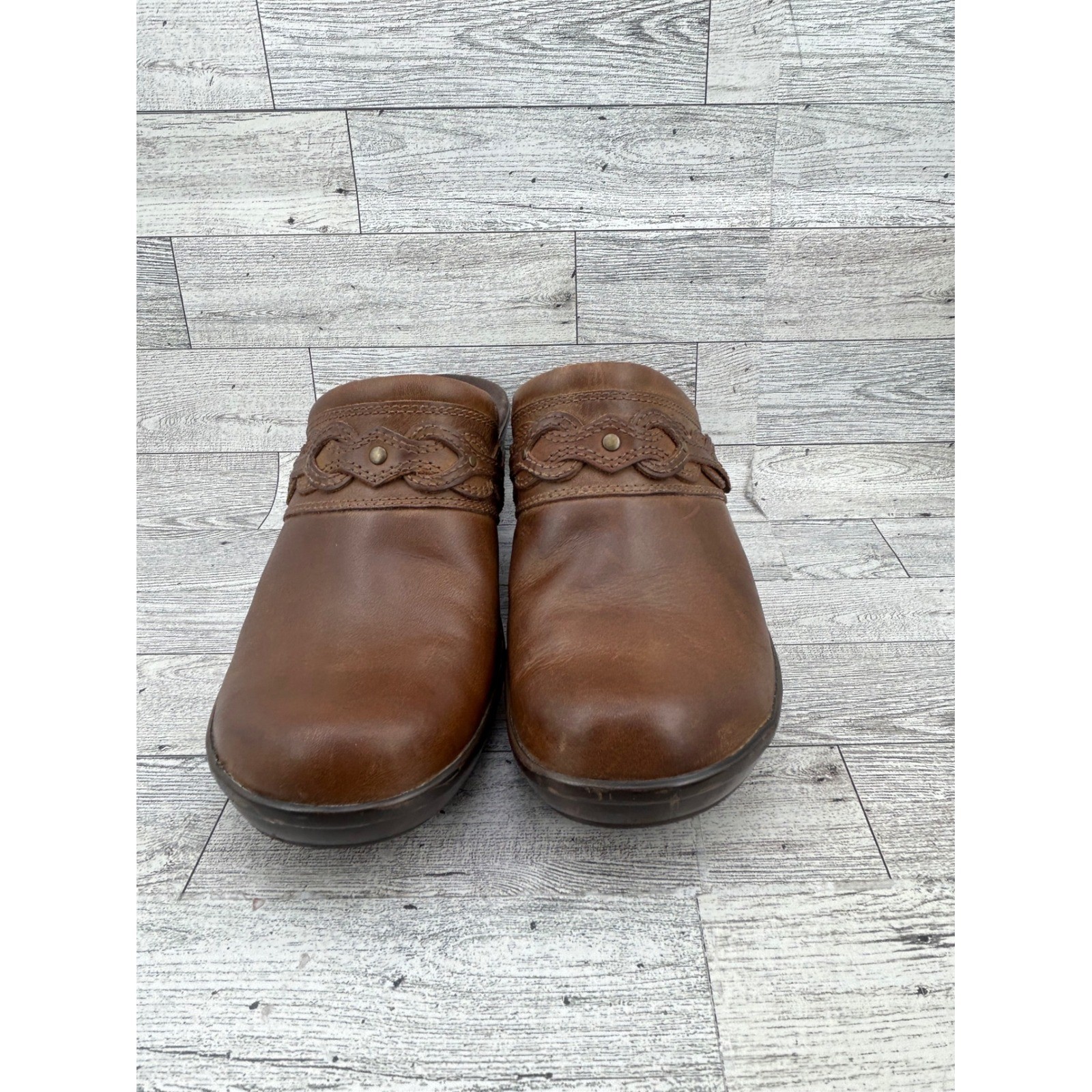 Clarks Collection Women Brown Leather Braided Mules Clogs Cushion Soft Sz 8.5 M