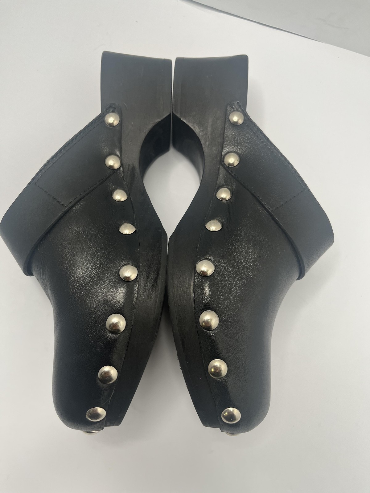 Clog Shoes Womens Size 7 Black Leather Studded Platform Buckle Slip On