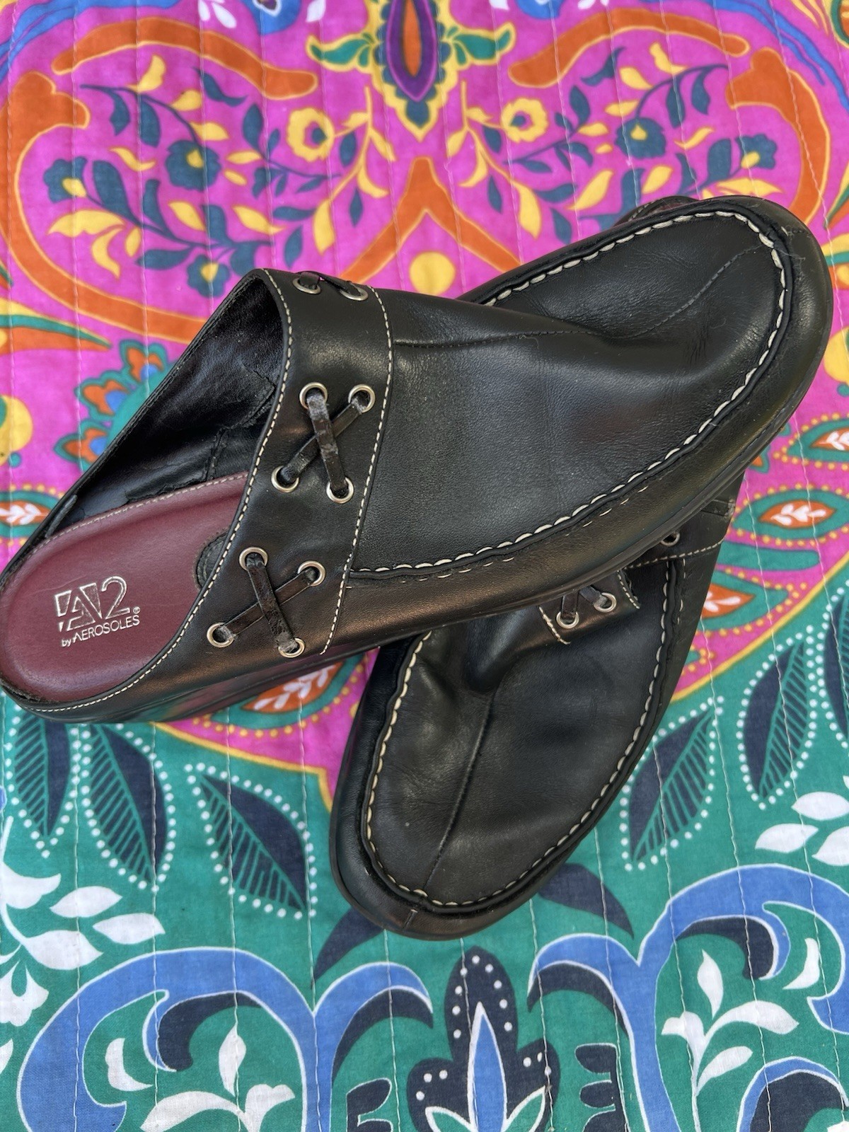 A2 by Aerosoles Comfort Shoes Black Leather Slip-On Low Block Heel Women