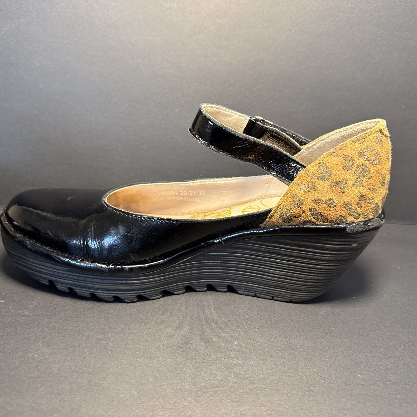 Fly London Leather Women’s Wedge Black Patent Leopard Suede Heel Size 38 US 8