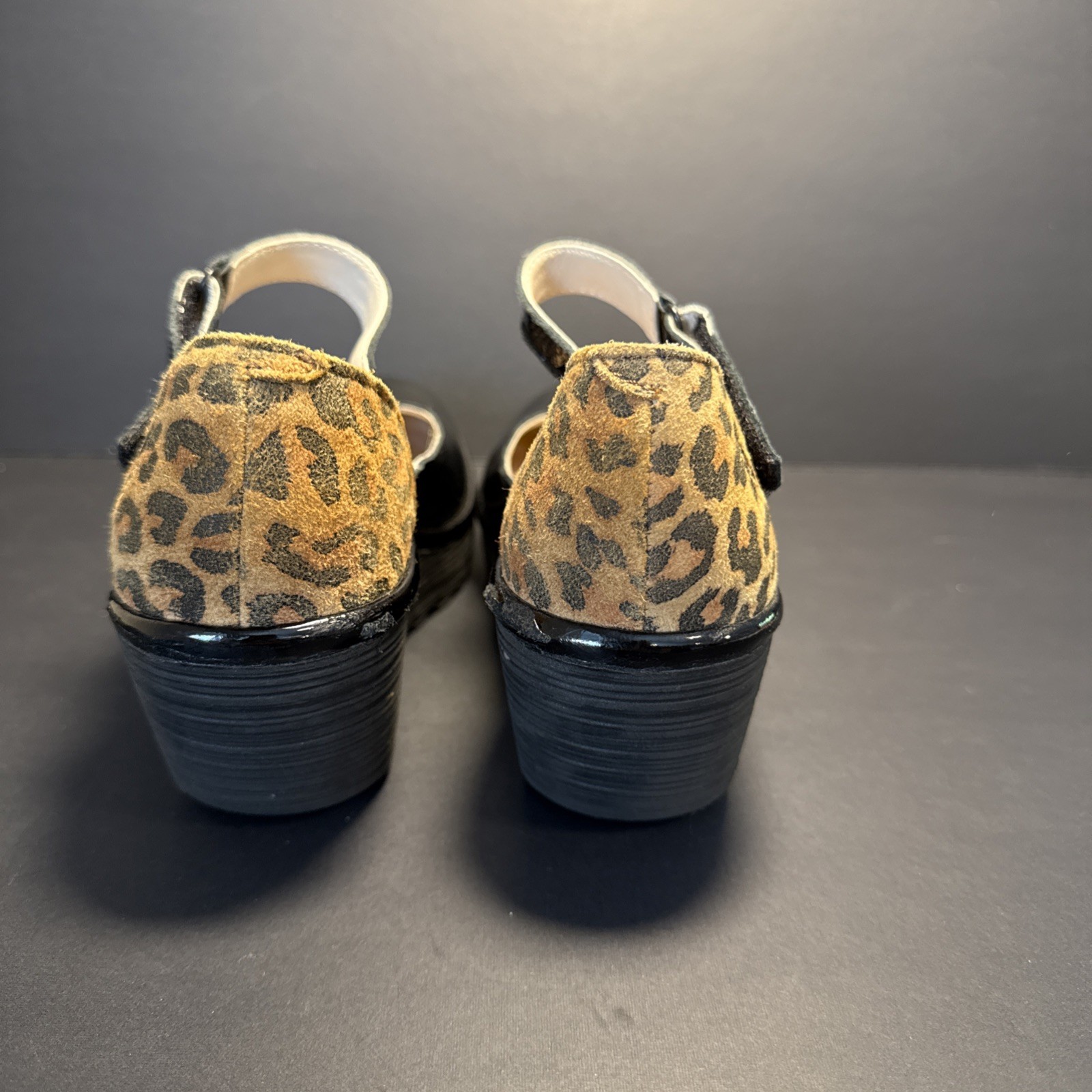 Fly London Leather Women’s Wedge Black Patent Leopard Suede Heel Size 38 US 8