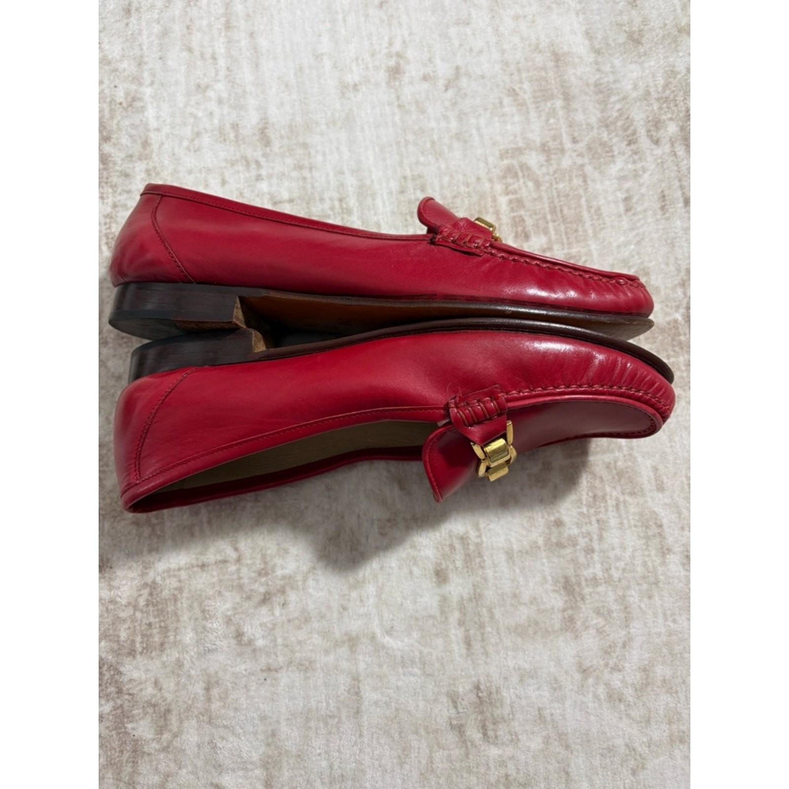 Bally Imogene Red Leather Loafers 7.5N Made In Italy Gold Bit Classic Luxury