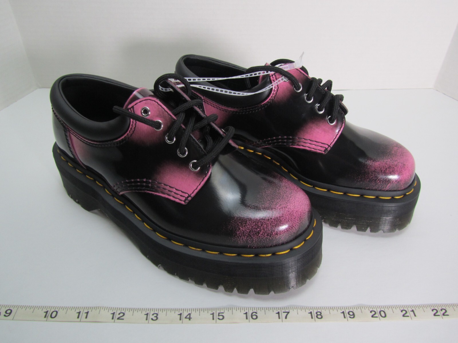 New Dr Martens Distressed Leather Platform Black Pink Arcadia Shoes Unisex 5 Eye